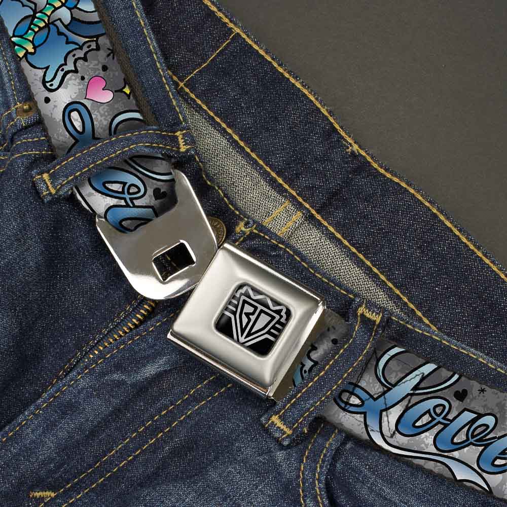 BD Wings Logo CLOSE-UP Full Color Black Silver Seatbelt Belt - Love Love Gray Webbing Seatbelt Belts Buckle-Down