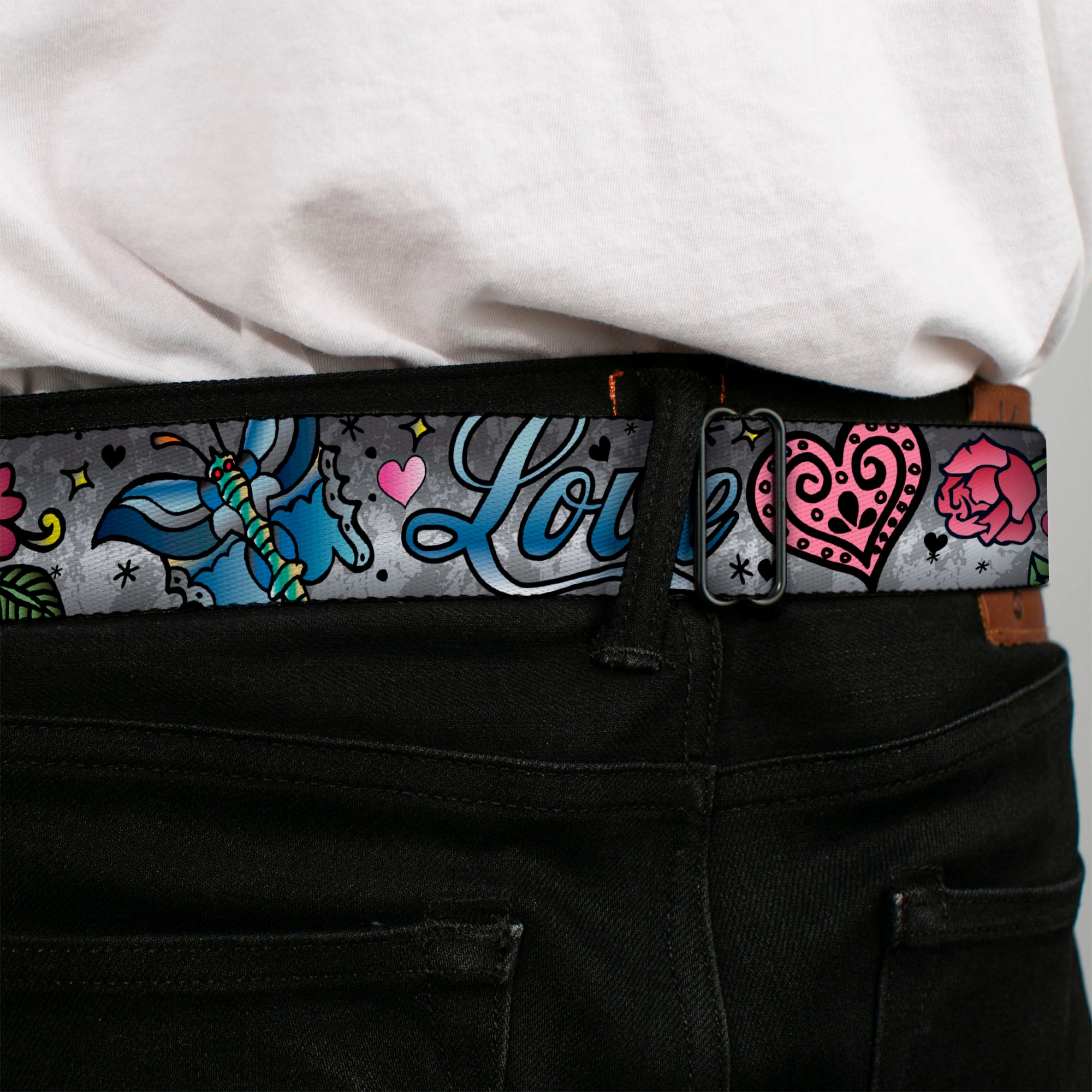 BD Wings Logo CLOSE-UP Full Color Black Silver Seatbelt Belt - Love Love Gray Webbing Seatbelt Belts Buckle-Down