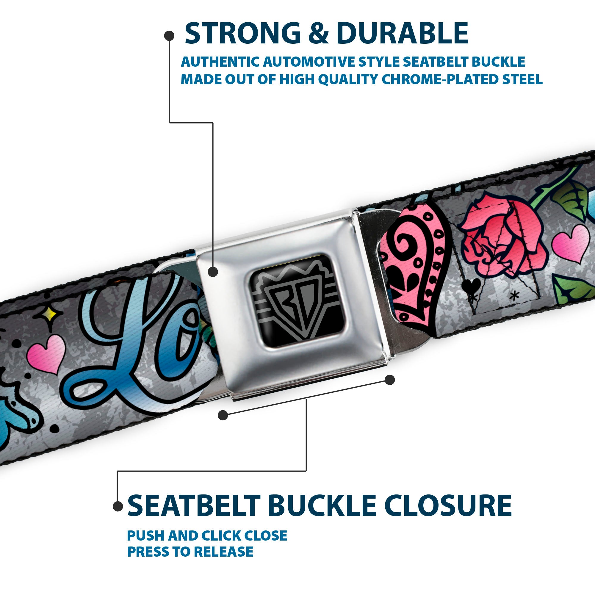 BD Wings Logo CLOSE-UP Full Color Black Silver Seatbelt Belt - Love Love Gray Webbing Seatbelt Belts Buckle-Down