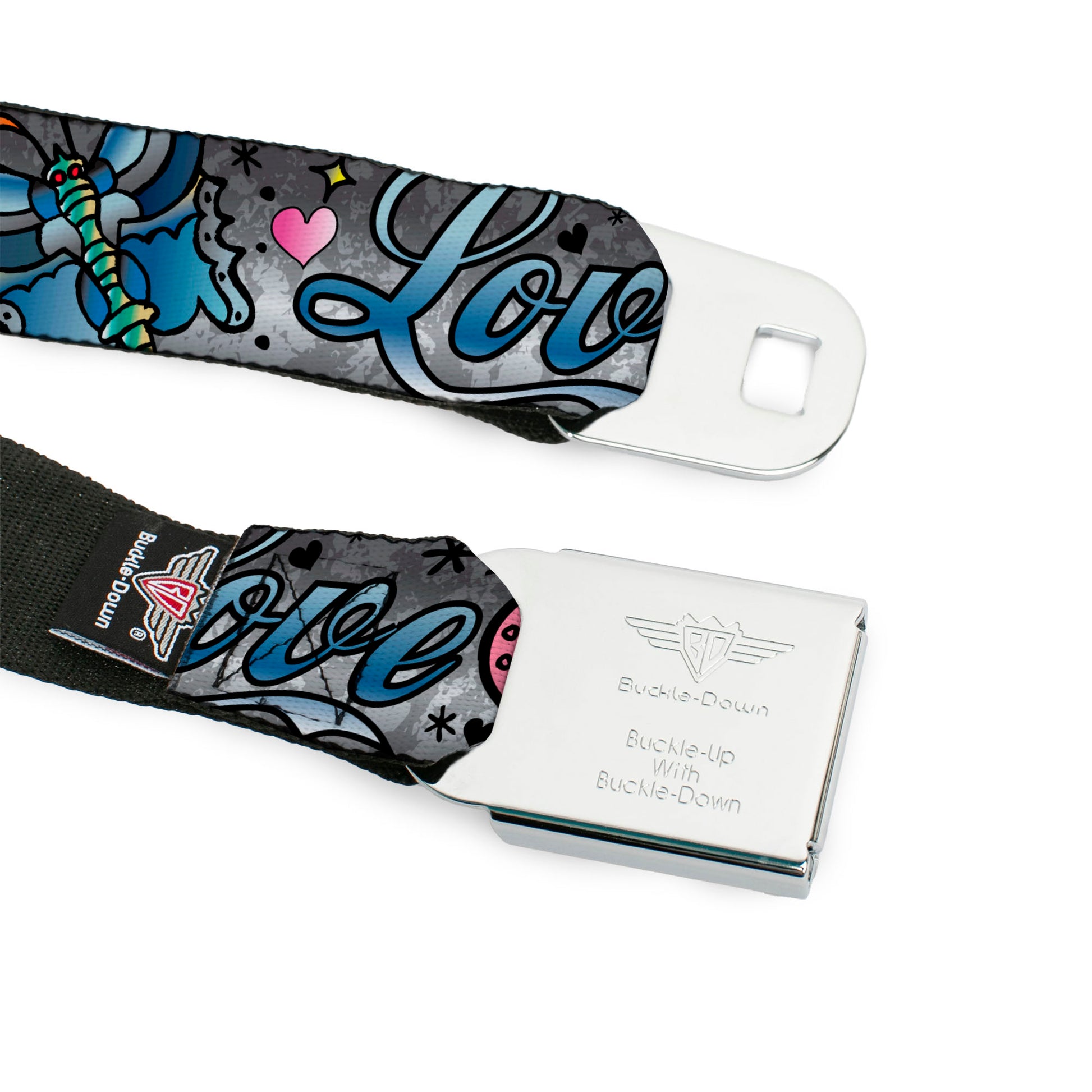 BD Wings Logo CLOSE-UP Full Color Black Silver Seatbelt Belt - Love Love Gray Webbing Seatbelt Belts Buckle-Down