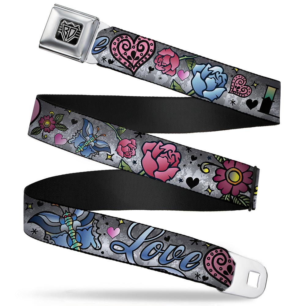 BD Wings Logo CLOSE-UP Full Color Black Silver Seatbelt Belt - Love Love Gray Webbing Seatbelt Belts Buckle-Down