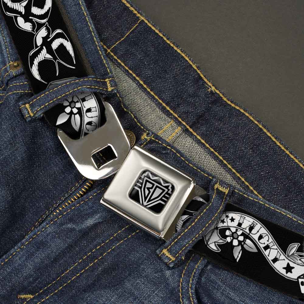 BD Wings Logo CLOSE-UP Full Color Black Silver Seatbelt Belt - Lucky Black/White Webbing Seatbelt Belts Buckle-Down