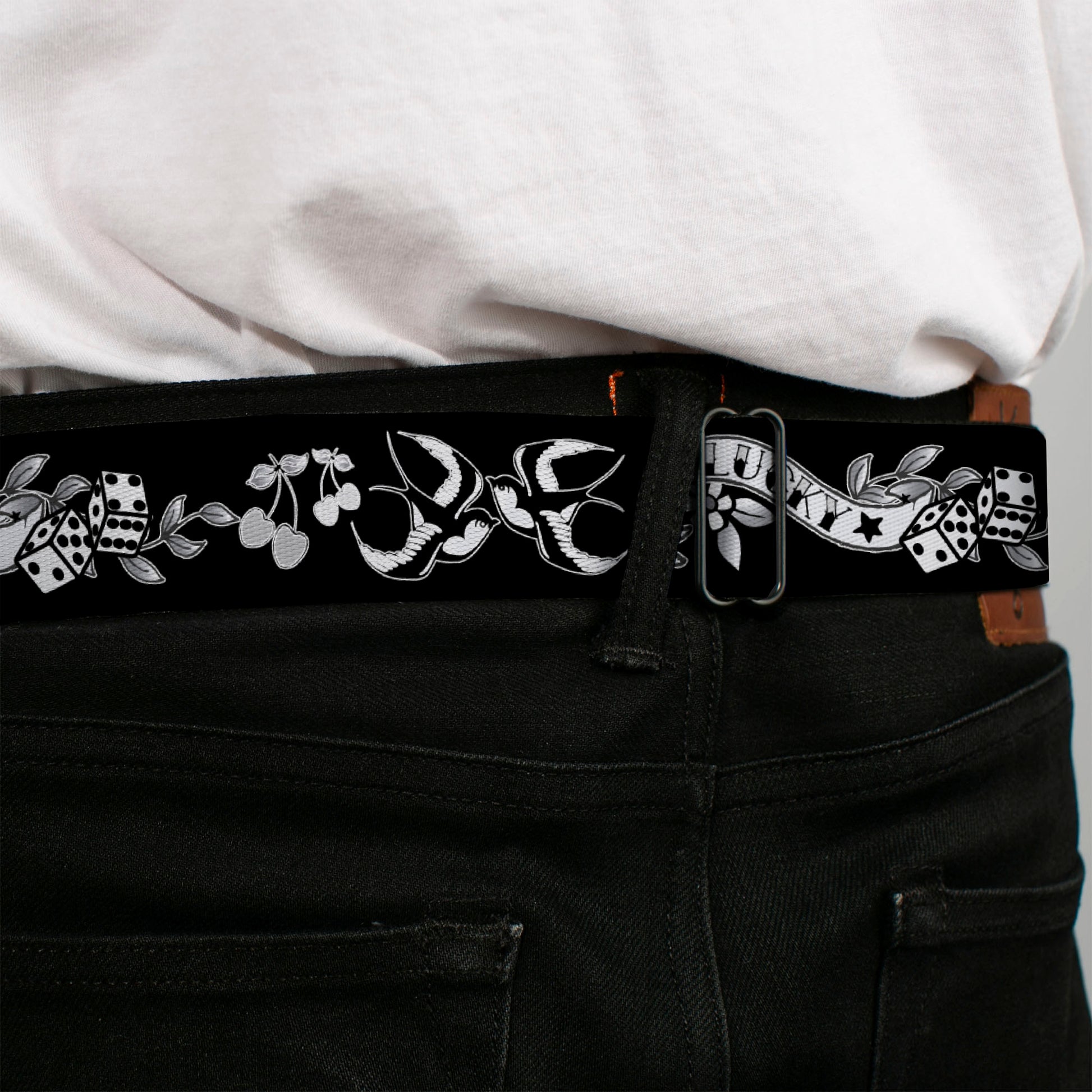 BD Wings Logo CLOSE-UP Full Color Black Silver Seatbelt Belt - Lucky Black/White Webbing Seatbelt Belts Buckle-Down