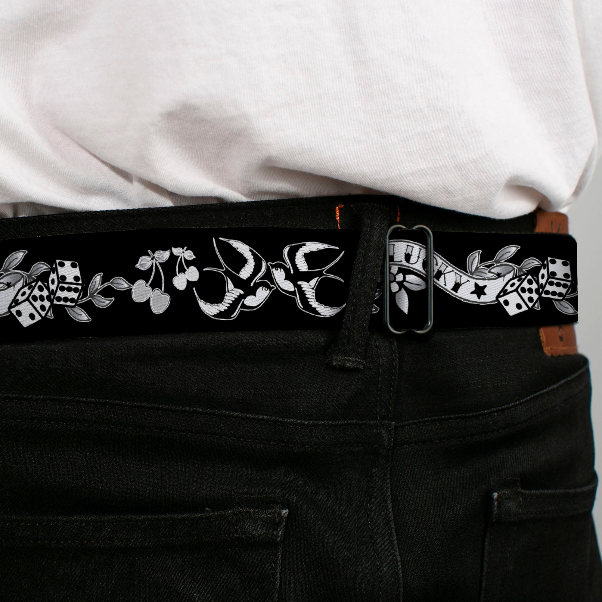 BD Wings Logo CLOSE-UP Full Color Black Silver Seatbelt Belt - Lucky Black/White Webbing Seatbelt Belts Buckle-Down