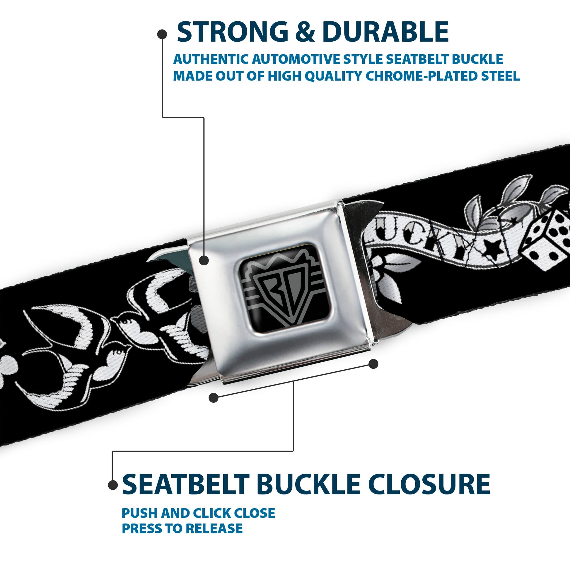 BD Wings Logo CLOSE-UP Full Color Black Silver Seatbelt Belt - Lucky Black/White Webbing Seatbelt Belts Buckle-Down