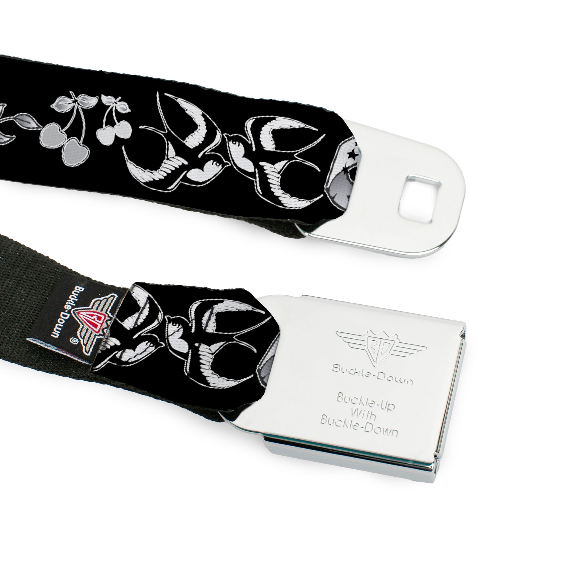 BD Wings Logo CLOSE-UP Full Color Black Silver Seatbelt Belt - Lucky Black/White Webbing Seatbelt Belts Buckle-Down