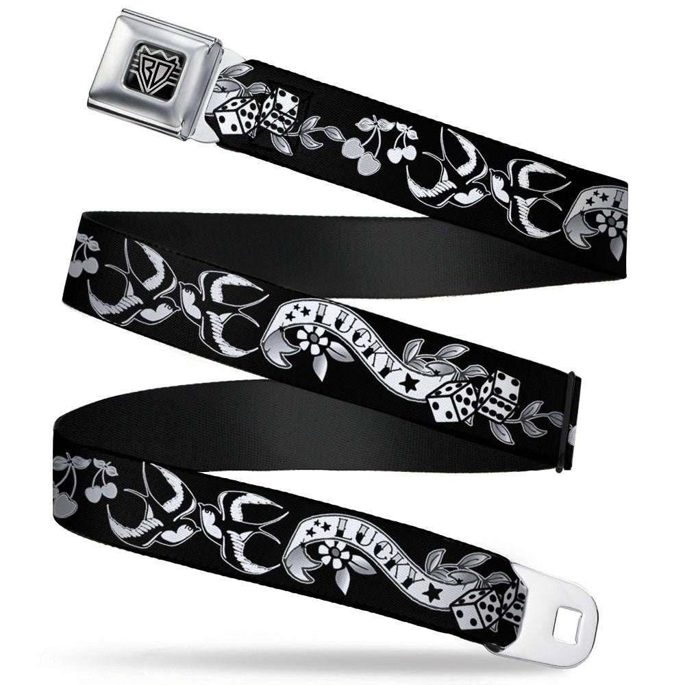 BD Wings Logo CLOSE-UP Full Color Black Silver Seatbelt Belt - Lucky Black/White Webbing Seatbelt Belts Buckle-Down