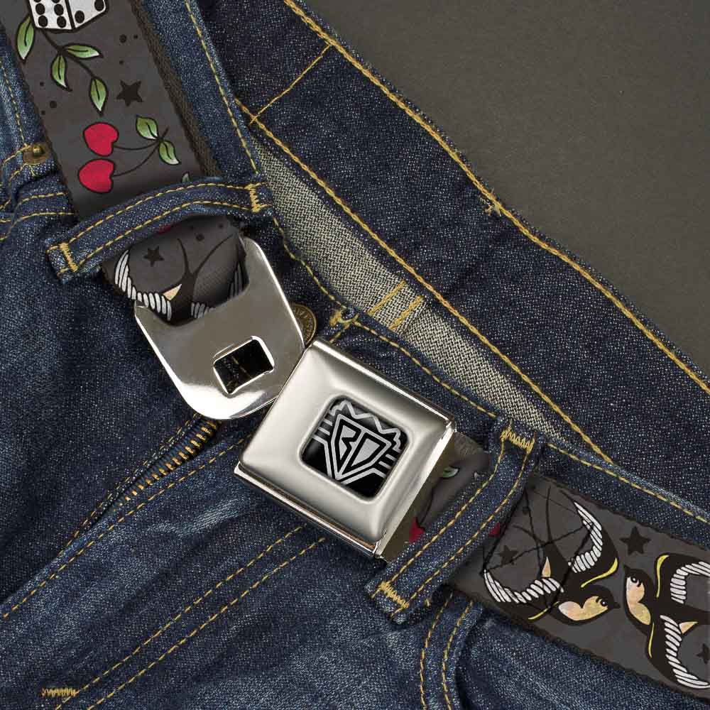 BD Wings Logo CLOSE-UP Full Color Black Silver Seatbelt Belt - Lucky CLOSE-UP Gray Webbing Seatbelt Belts Buckle-Down