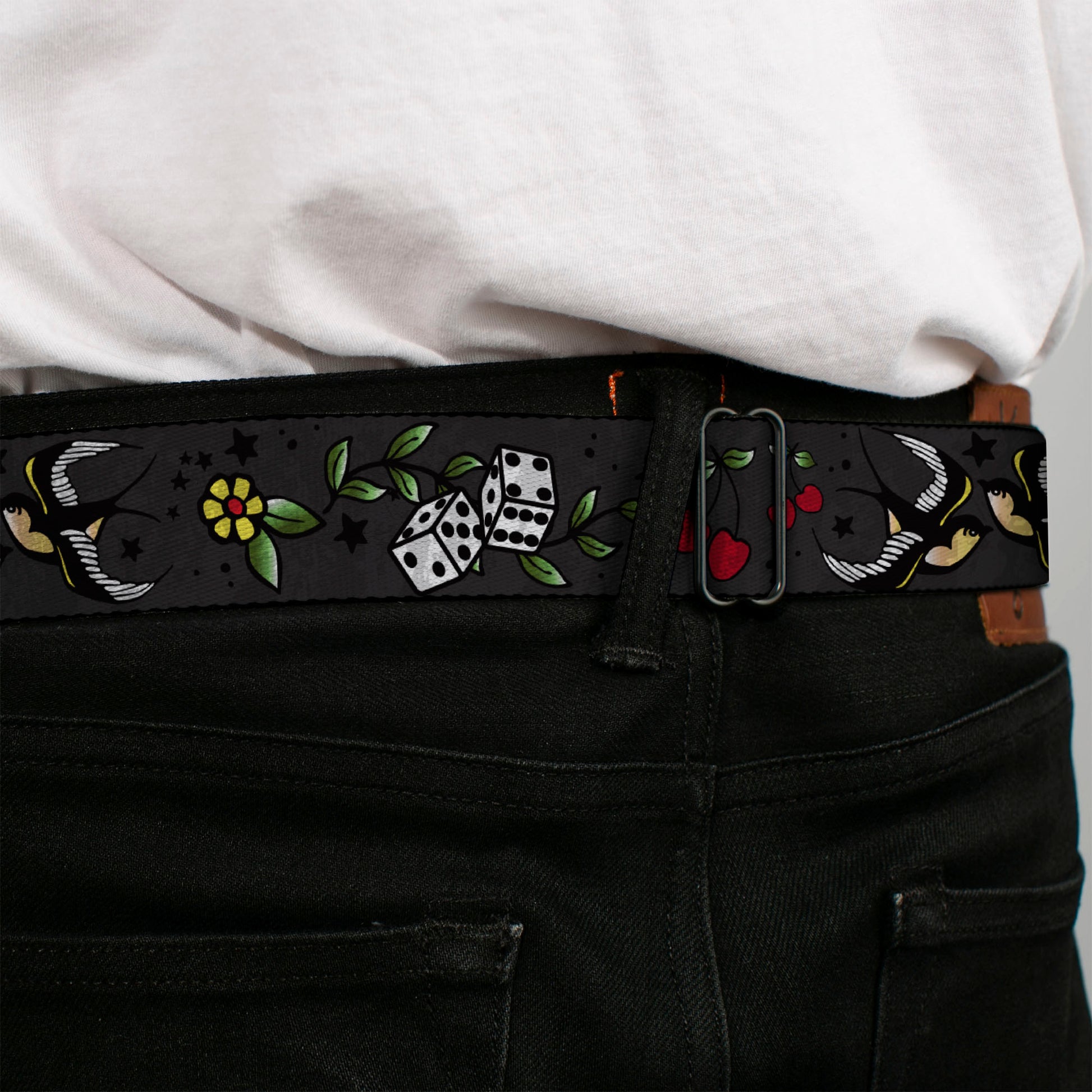 BD Wings Logo CLOSE-UP Full Color Black Silver Seatbelt Belt - Lucky CLOSE-UP Gray Webbing Seatbelt Belts Buckle-Down