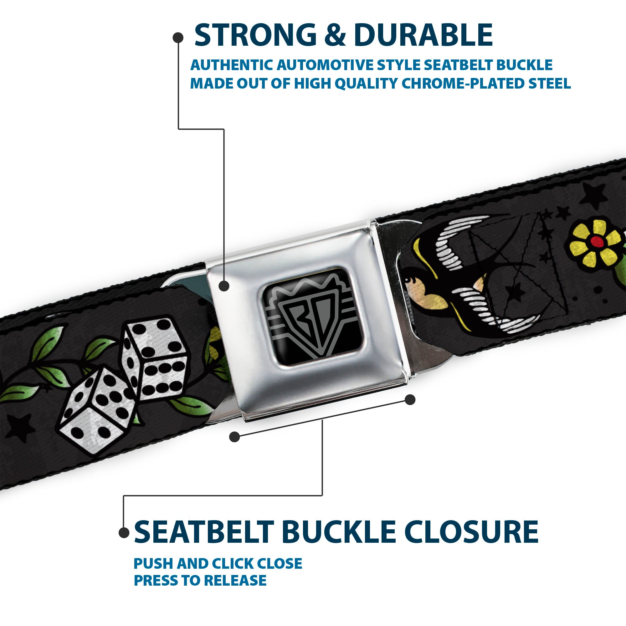 BD Wings Logo CLOSE-UP Full Color Black Silver Seatbelt Belt - Lucky CLOSE-UP Gray Webbing Seatbelt Belts Buckle-Down