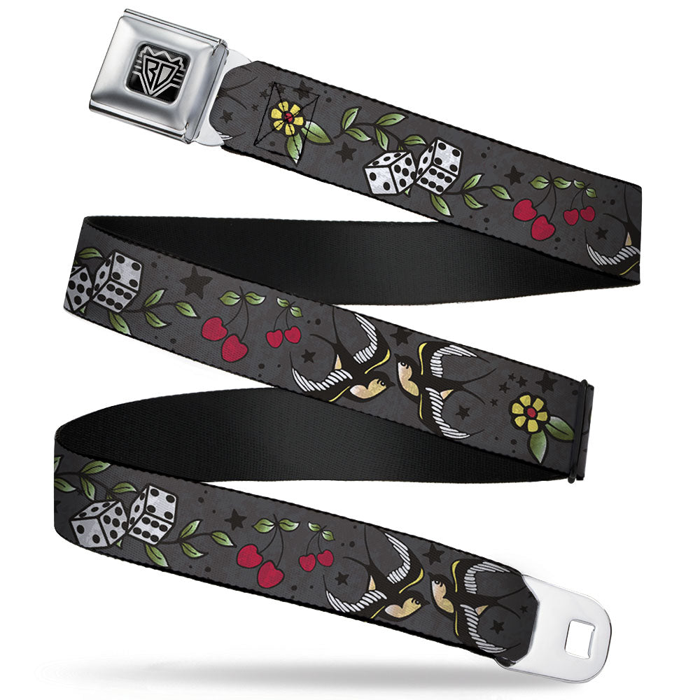 BD Wings Logo CLOSE-UP Full Color Black Silver Seatbelt Belt - Lucky CLOSE-UP Gray Webbing Seatbelt Belts Buckle-Down