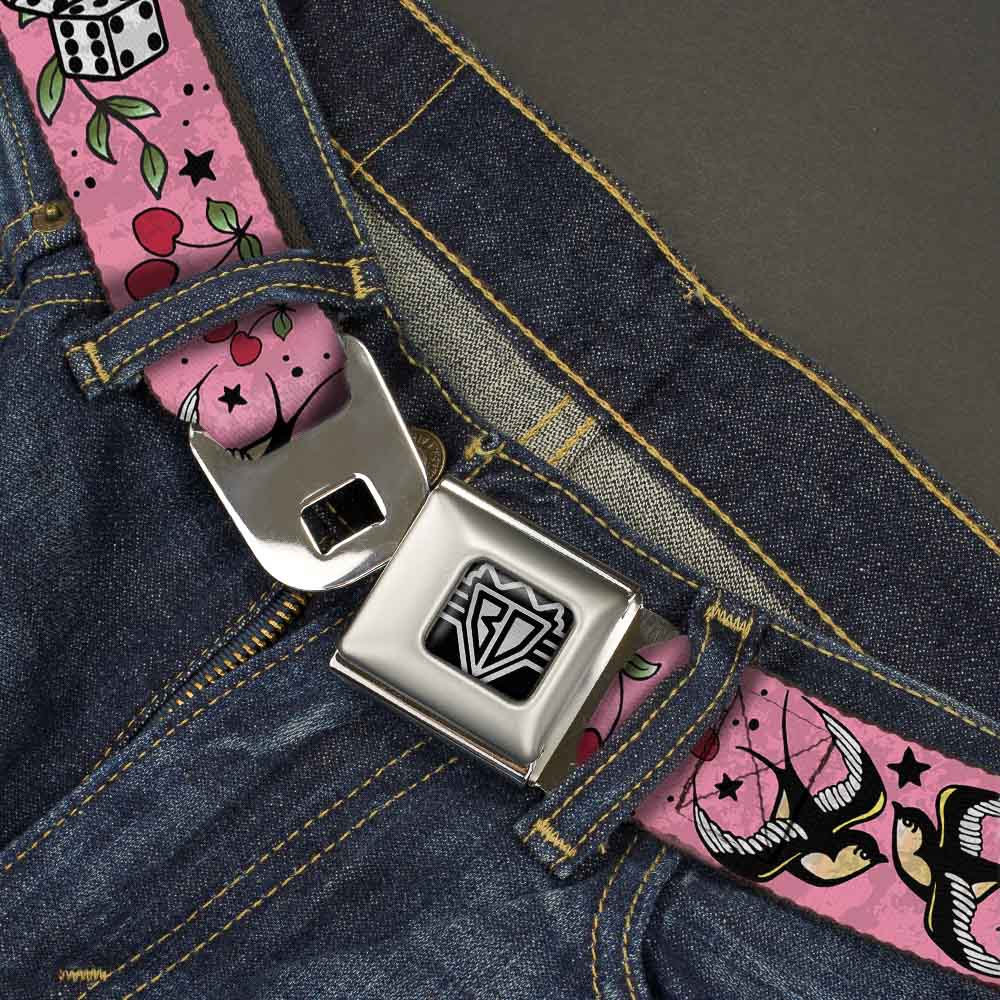 BD Wings Logo CLOSE-UP Full Color Black Silver Seatbelt Belt - Lucky CLOSE-UP Pink Webbing Seatbelt Belts Buckle-Down