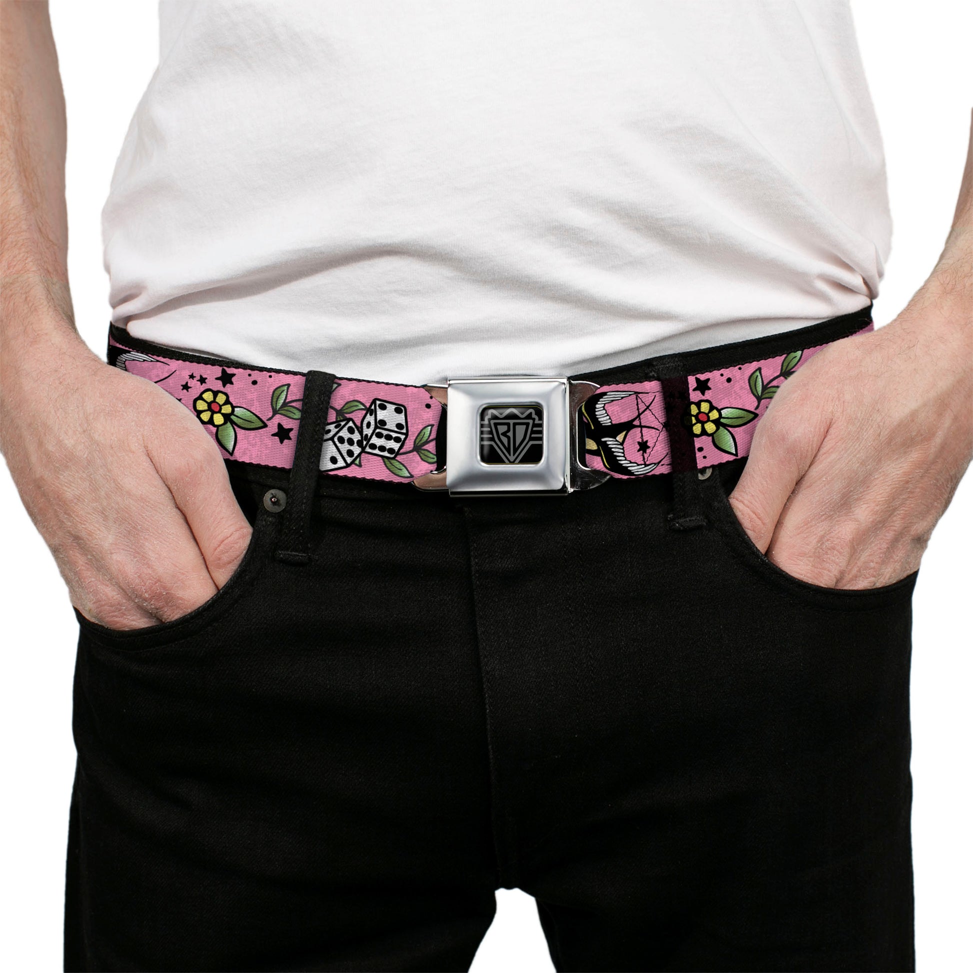BD Wings Logo CLOSE-UP Full Color Black Silver Seatbelt Belt - Lucky CLOSE-UP Pink Webbing Seatbelt Belts Buckle-Down