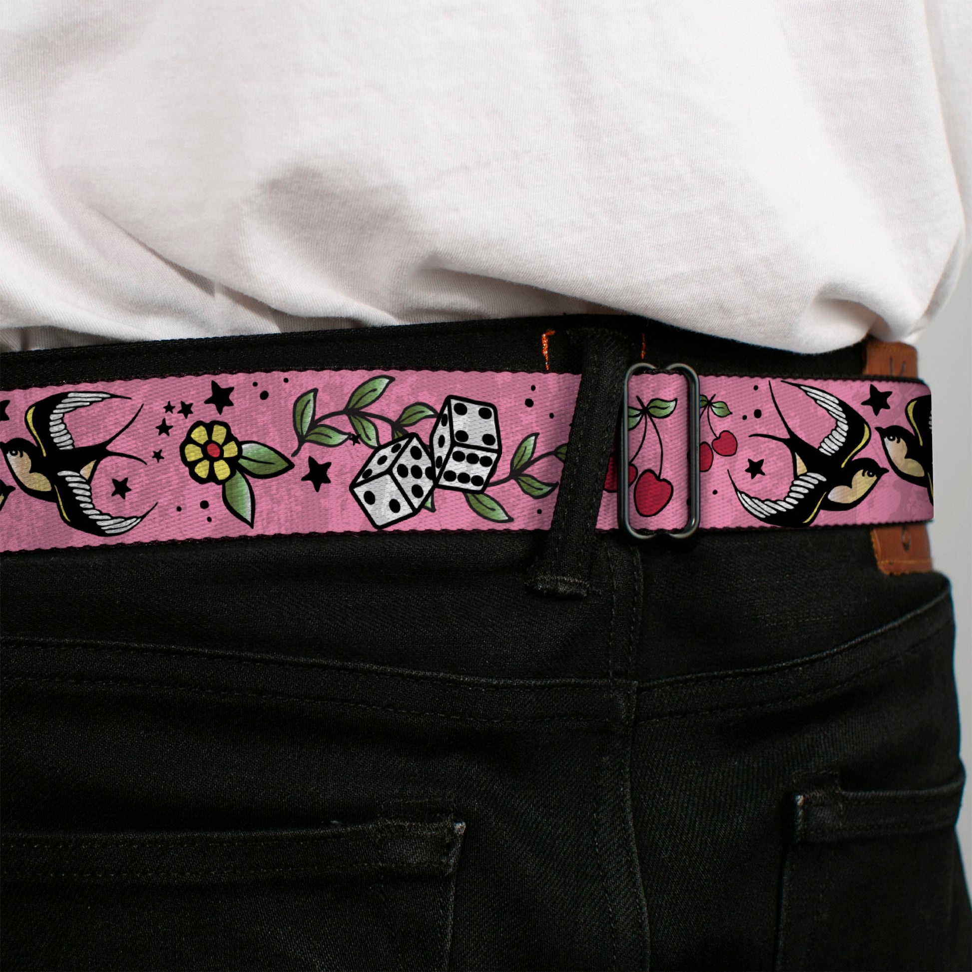 BD Wings Logo CLOSE-UP Full Color Black Silver Seatbelt Belt - Lucky CLOSE-UP Pink Webbing Seatbelt Belts Buckle-Down