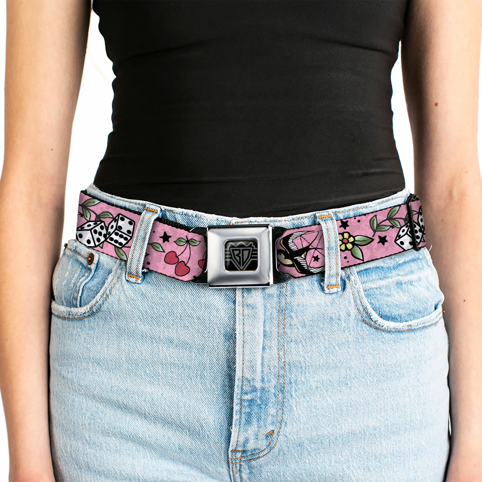 BD Wings Logo CLOSE-UP Full Color Black Silver Seatbelt Belt - Lucky CLOSE-UP Pink Webbing Seatbelt Belts Buckle-Down