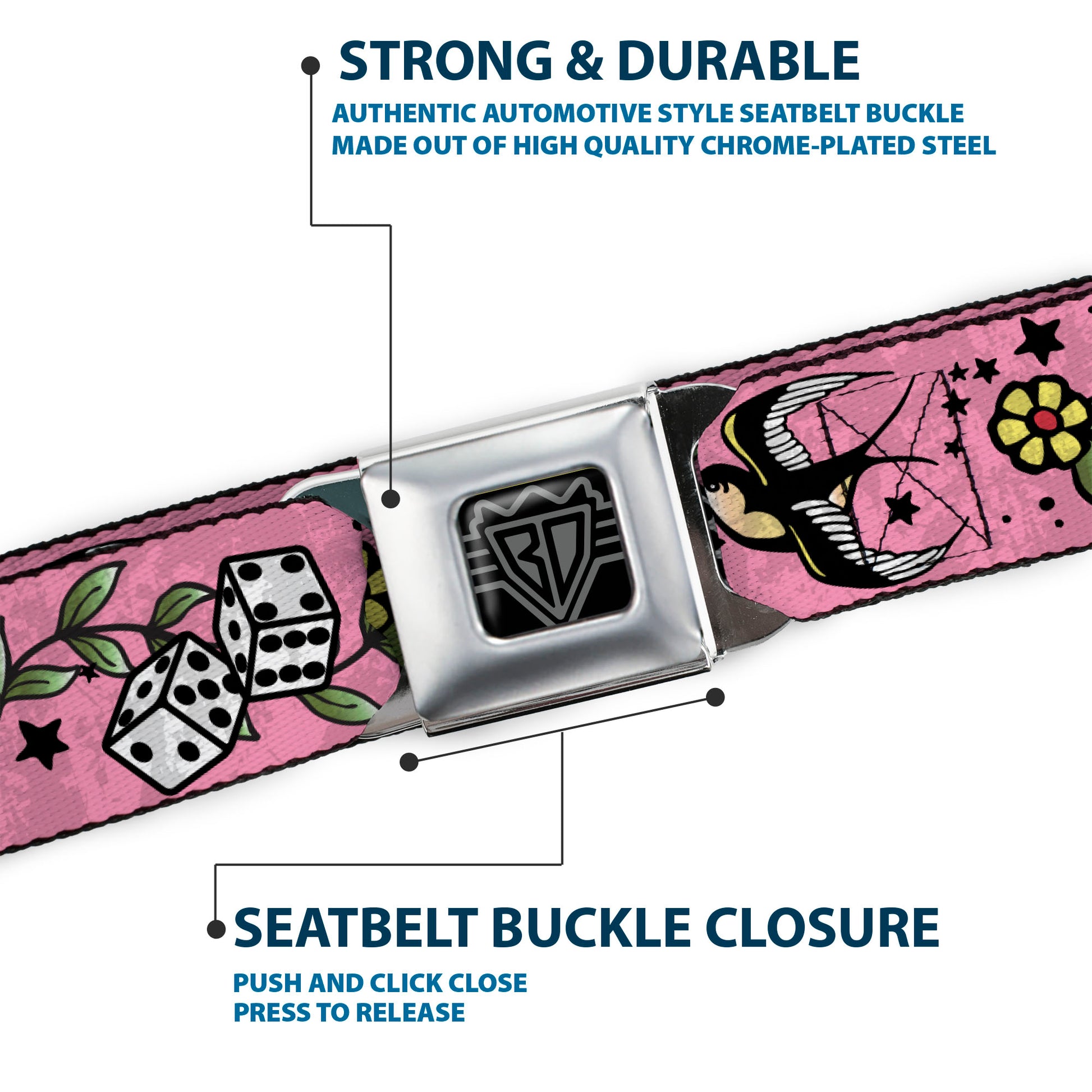 BD Wings Logo CLOSE-UP Full Color Black Silver Seatbelt Belt - Lucky CLOSE-UP Pink Webbing Seatbelt Belts Buckle-Down