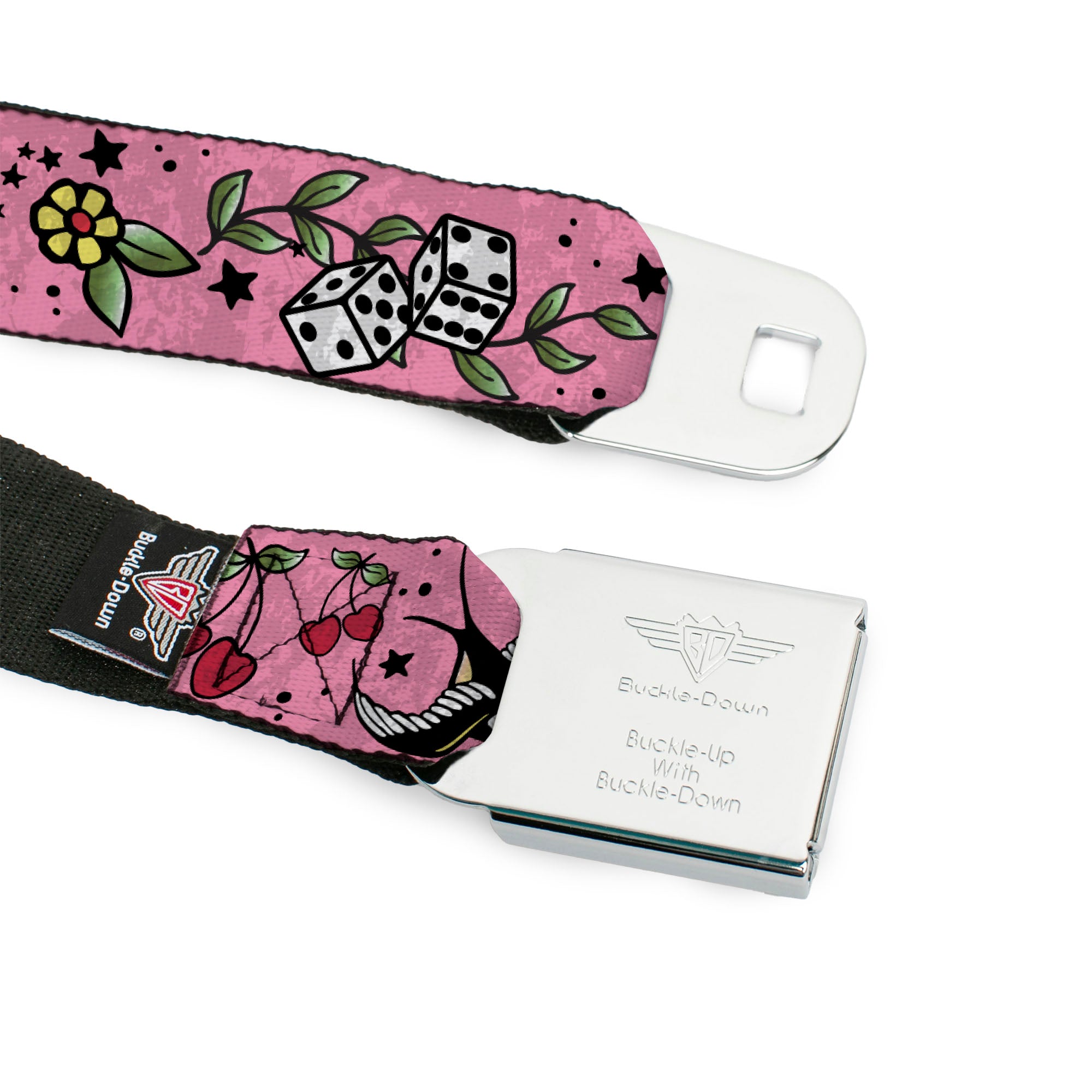 BD Wings Logo CLOSE-UP Full Color Black Silver Seatbelt Belt - Lucky CLOSE-UP Pink Webbing Seatbelt Belts Buckle-Down
