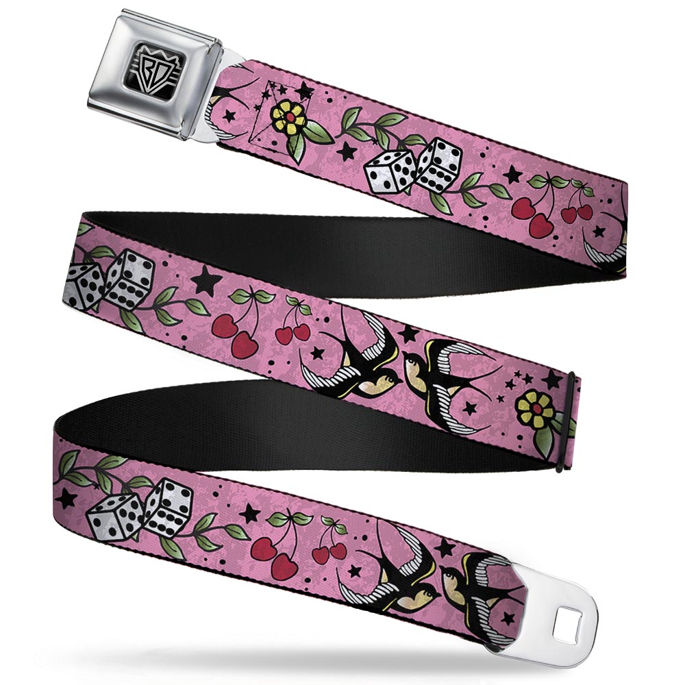 BD Wings Logo CLOSE-UP Full Color Black Silver Seatbelt Belt - Lucky CLOSE-UP Pink Webbing Seatbelt Belts Buckle-Down