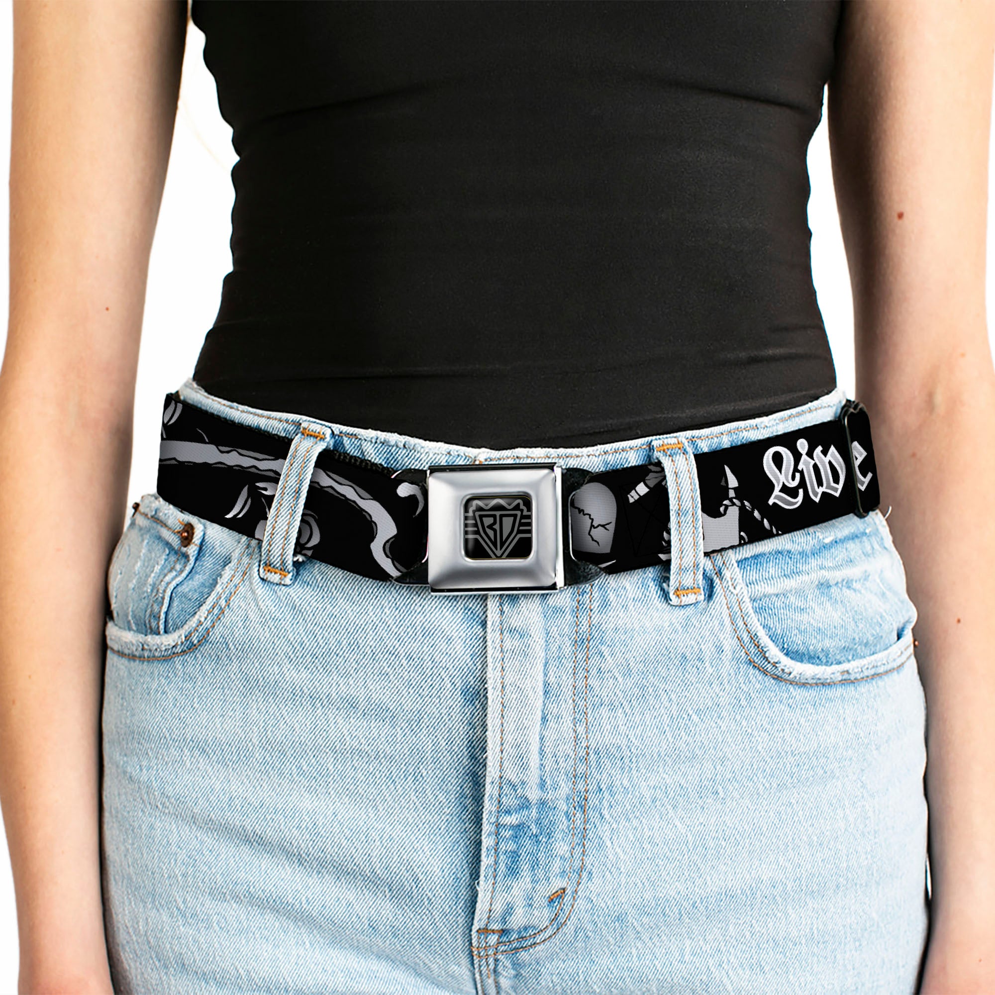 BD Wings Logo CLOSE-UP Full Color Black Silver Seatbelt Belt - Live Hard Die Young Black/White Webbing Seatbelt Belts Buckle-Down