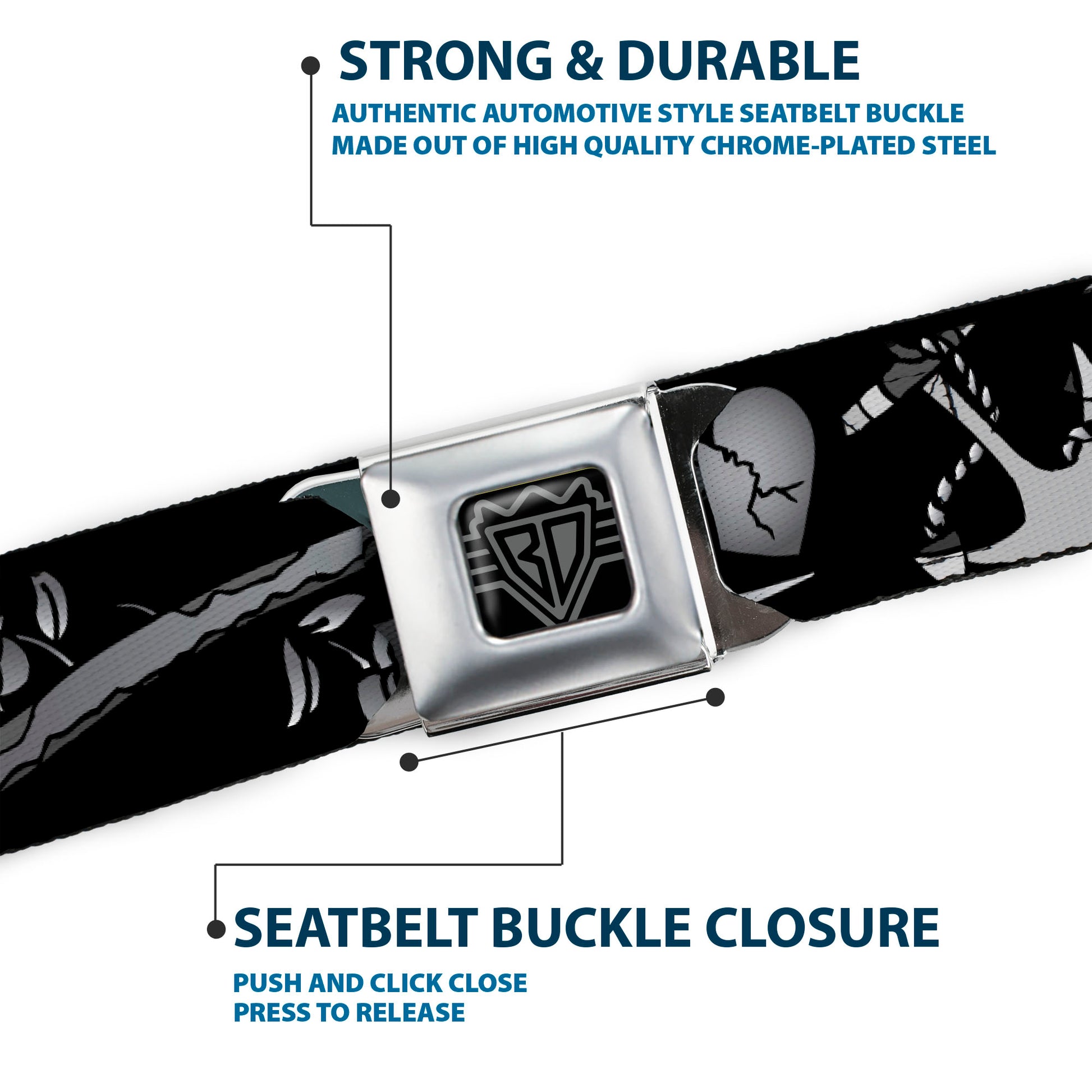 BD Wings Logo CLOSE-UP Full Color Black Silver Seatbelt Belt - Live Hard Die Young Black/White Webbing Seatbelt Belts Buckle-Down