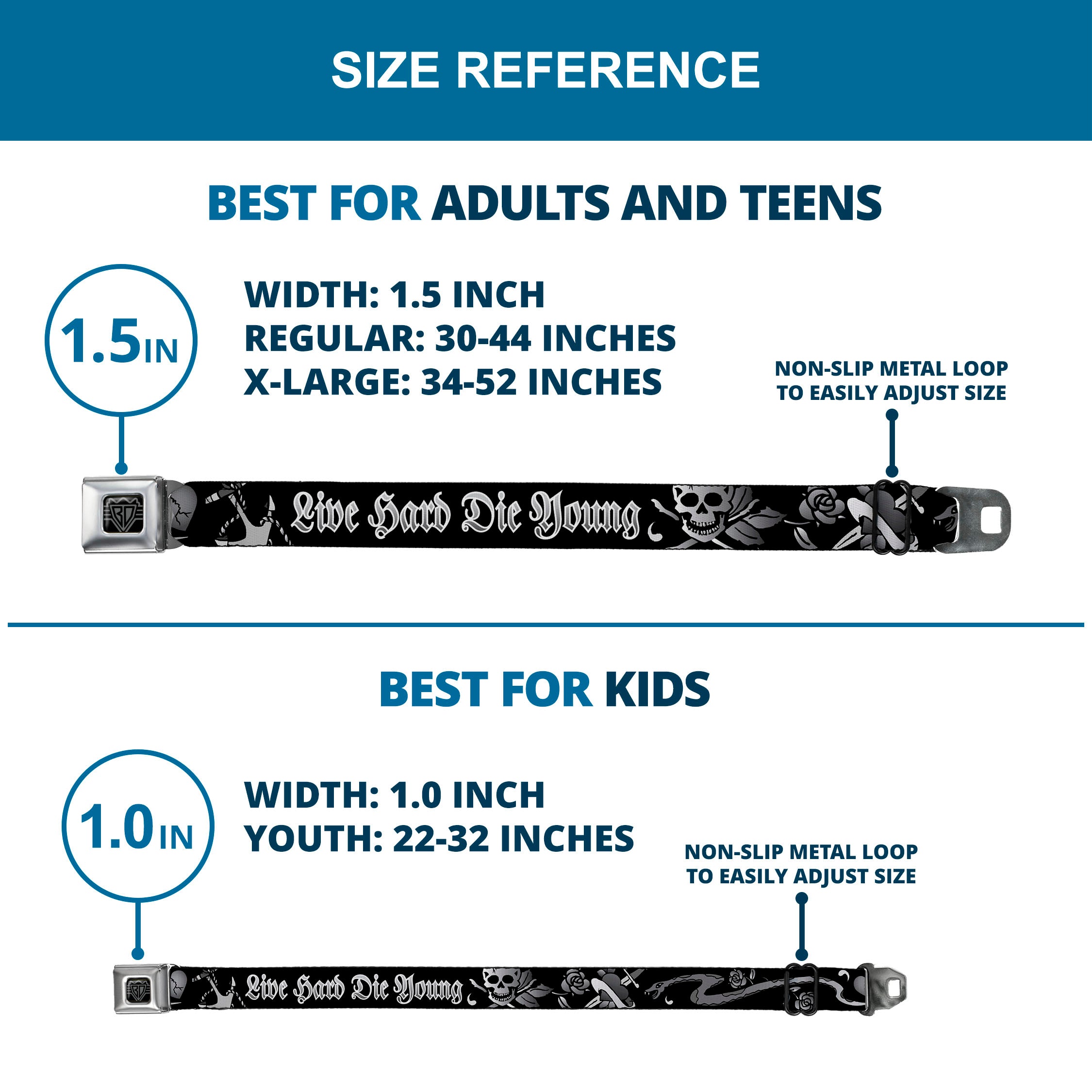 BD Wings Logo CLOSE-UP Full Color Black Silver Seatbelt Belt - Live Hard Die Young Black/White Webbing Seatbelt Belts Buckle-Down