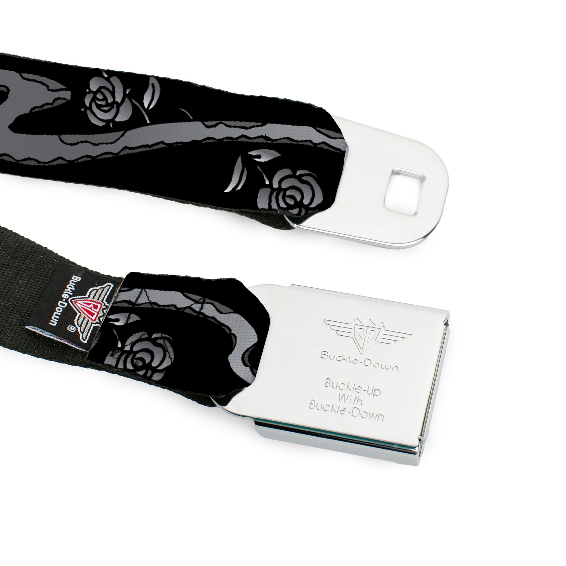 BD Wings Logo CLOSE-UP Full Color Black Silver Seatbelt Belt - Live Hard Die Young Black/White Webbing Seatbelt Belts Buckle-Down