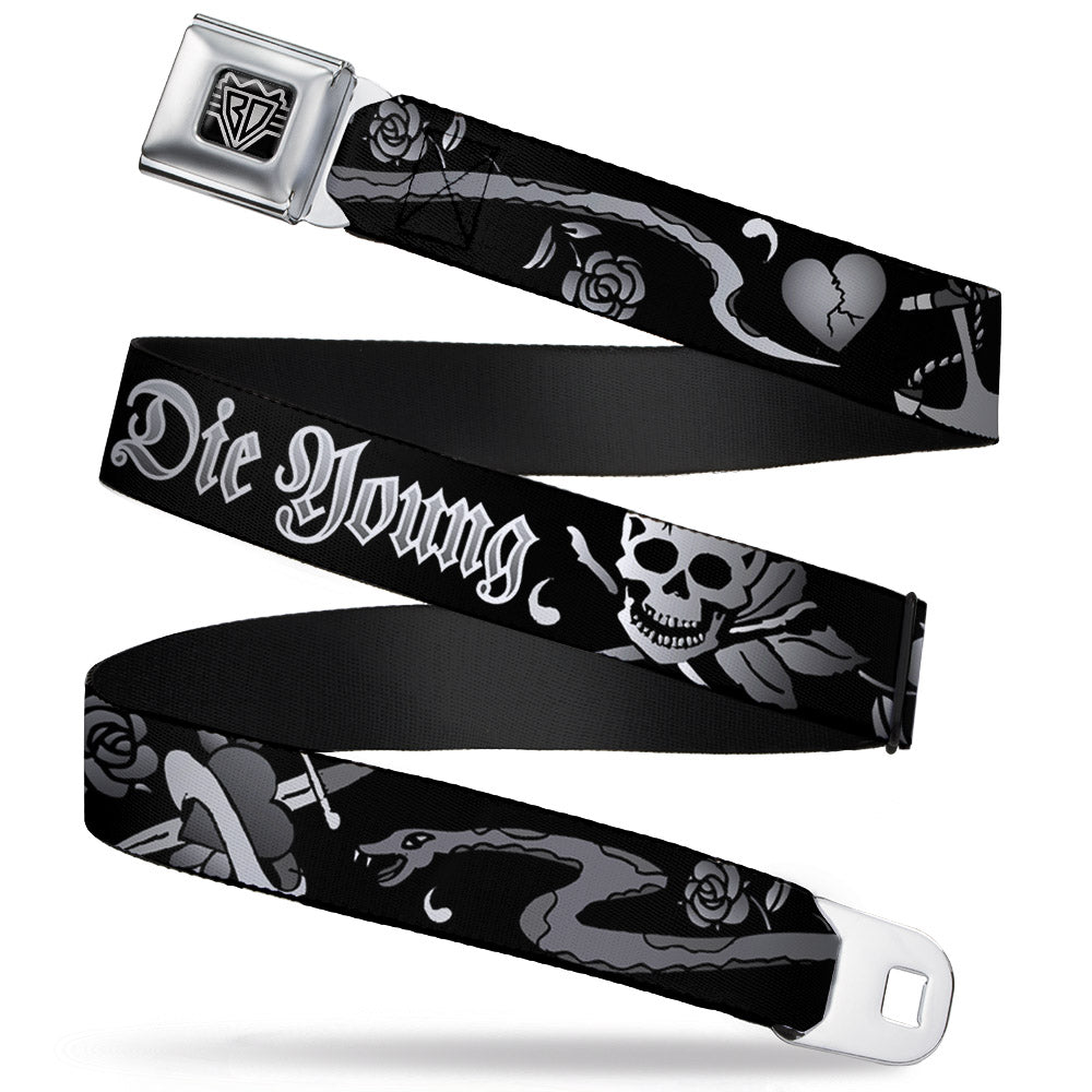 BD Wings Logo CLOSE-UP Full Color Black Silver Seatbelt Belt - Live Hard Die Young Black/White Webbing Seatbelt Belts Buckle-Down