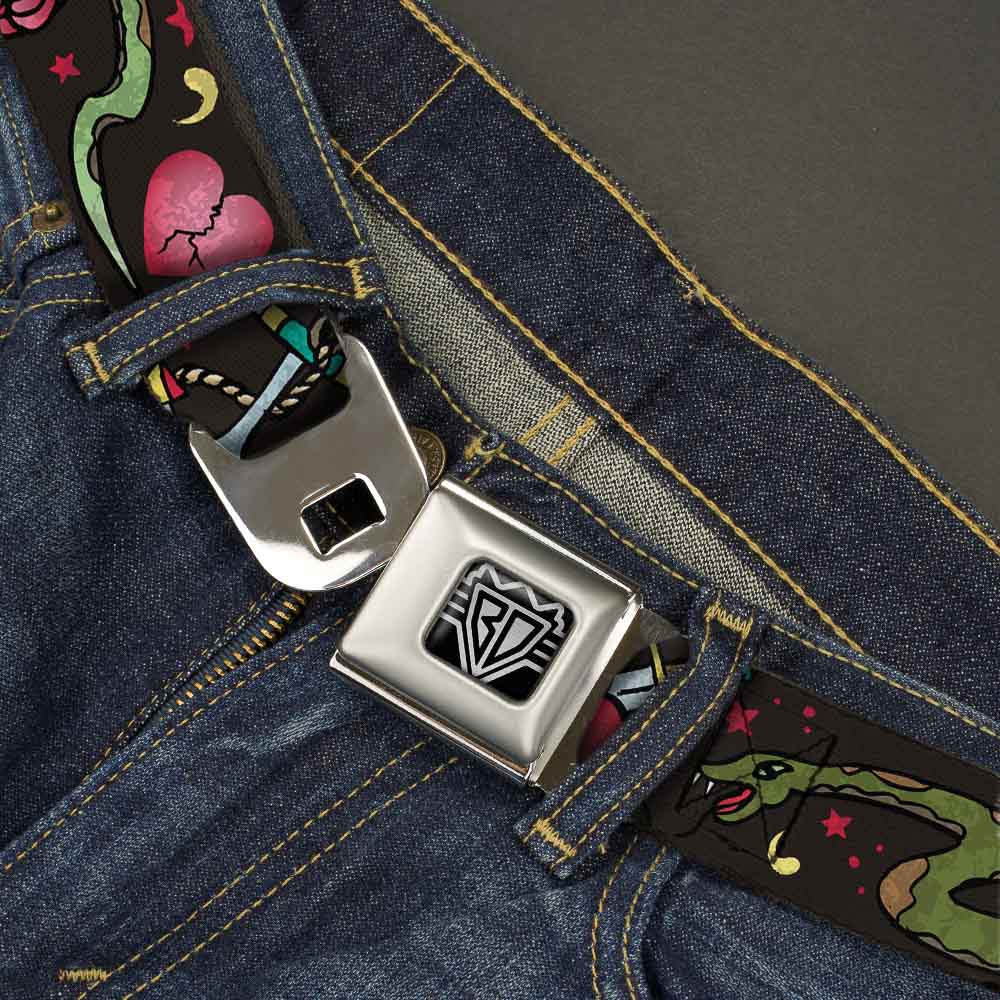 BD Wings Logo CLOSE-UP Full Color Black Silver Seatbelt Belt - Live Hard Die Young CLOSE-UP Black Webbing Seatbelt Belts Buckle-Down