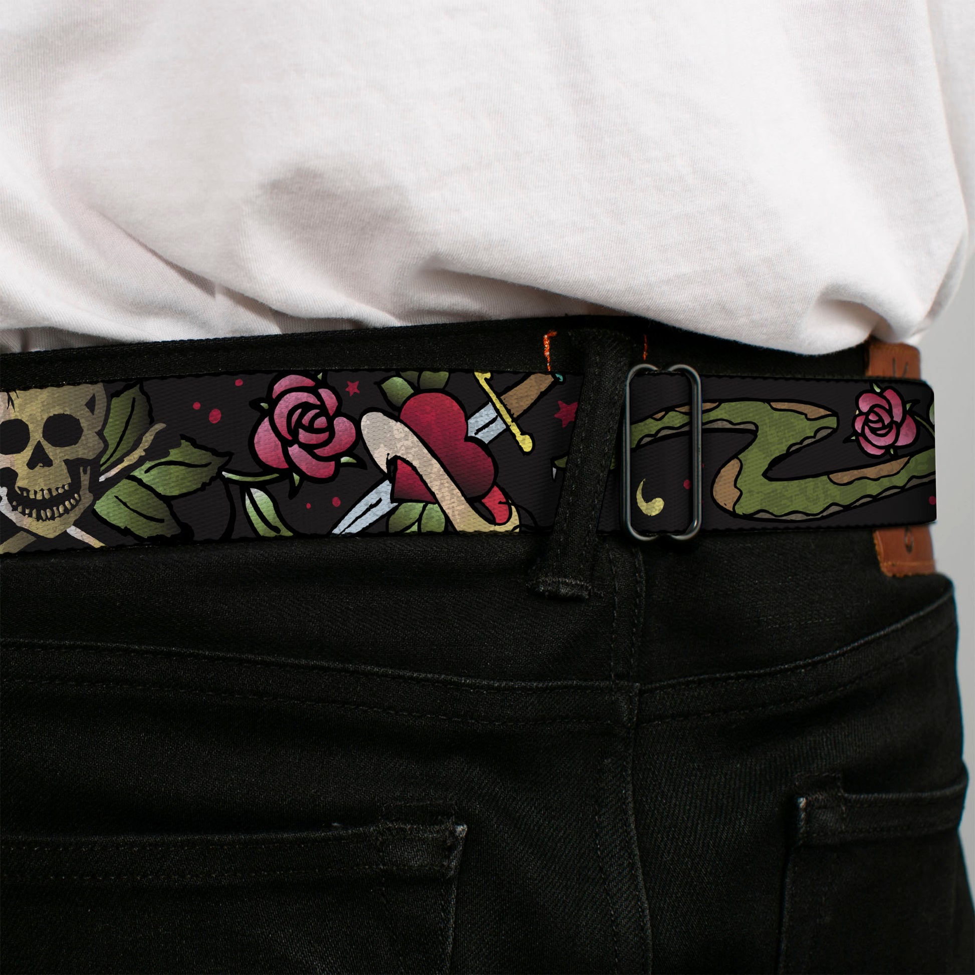 BD Wings Logo CLOSE-UP Full Color Black Silver Seatbelt Belt - Live Hard Die Young CLOSE-UP Black Webbing Seatbelt Belts Buckle-Down