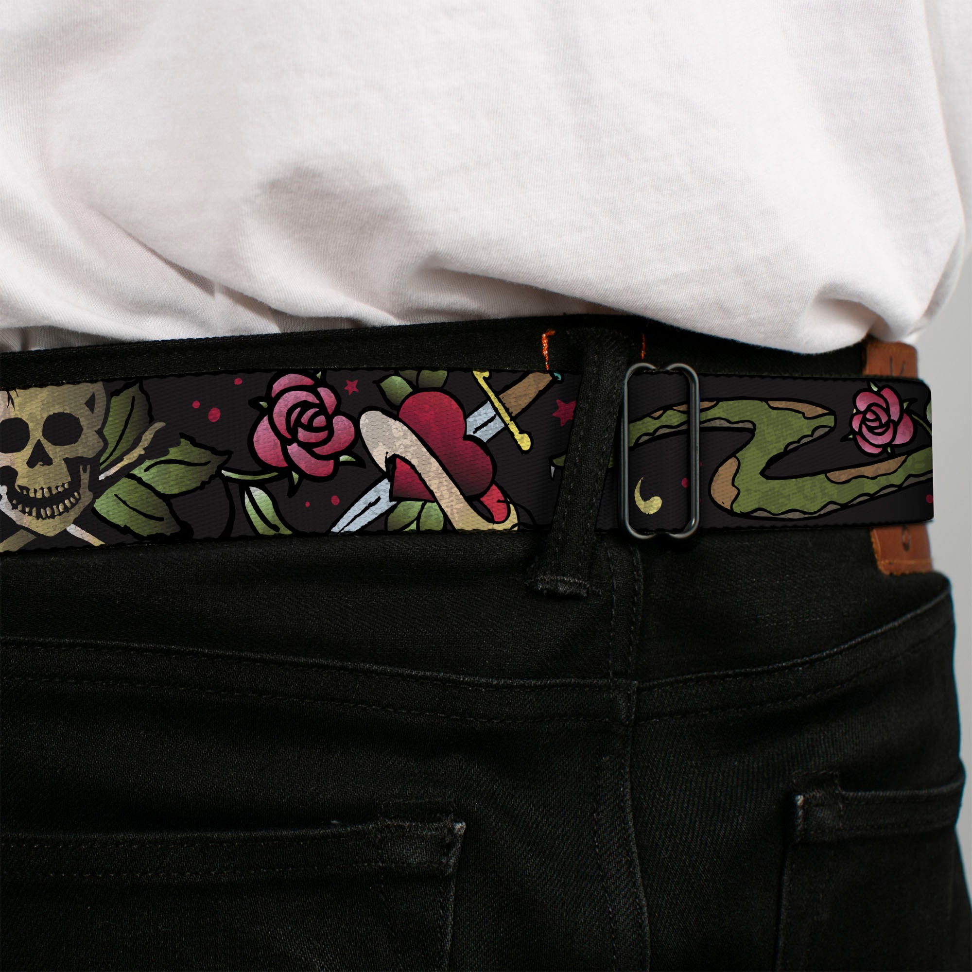 BD Wings Logo CLOSE-UP Full Color Black Silver Seatbelt Belt - Live Hard Die Young CLOSE-UP Black Webbing Seatbelt Belts Buckle-Down