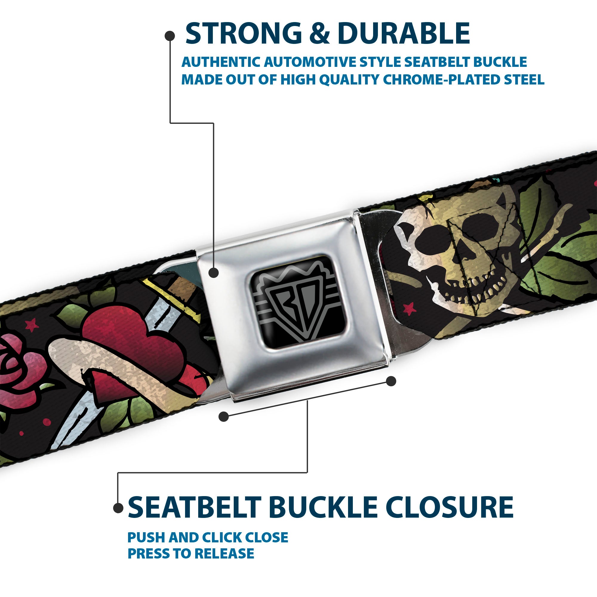 BD Wings Logo CLOSE-UP Full Color Black Silver Seatbelt Belt - Live Hard Die Young CLOSE-UP Black Webbing Seatbelt Belts Buckle-Down