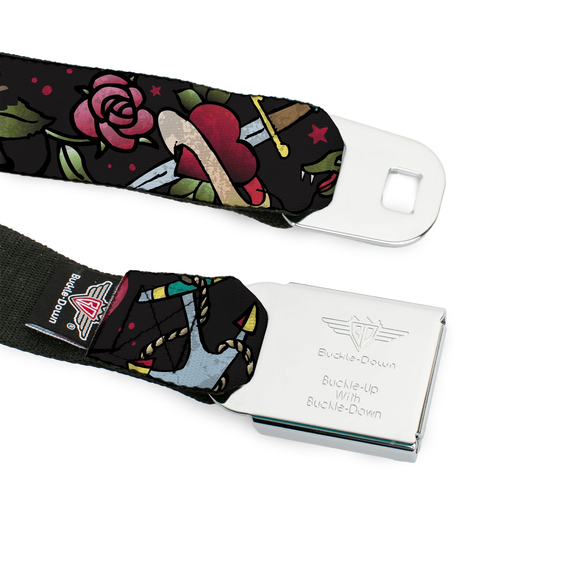 BD Wings Logo CLOSE-UP Full Color Black Silver Seatbelt Belt - Live Hard Die Young CLOSE-UP Black Webbing Seatbelt Belts Buckle-Down