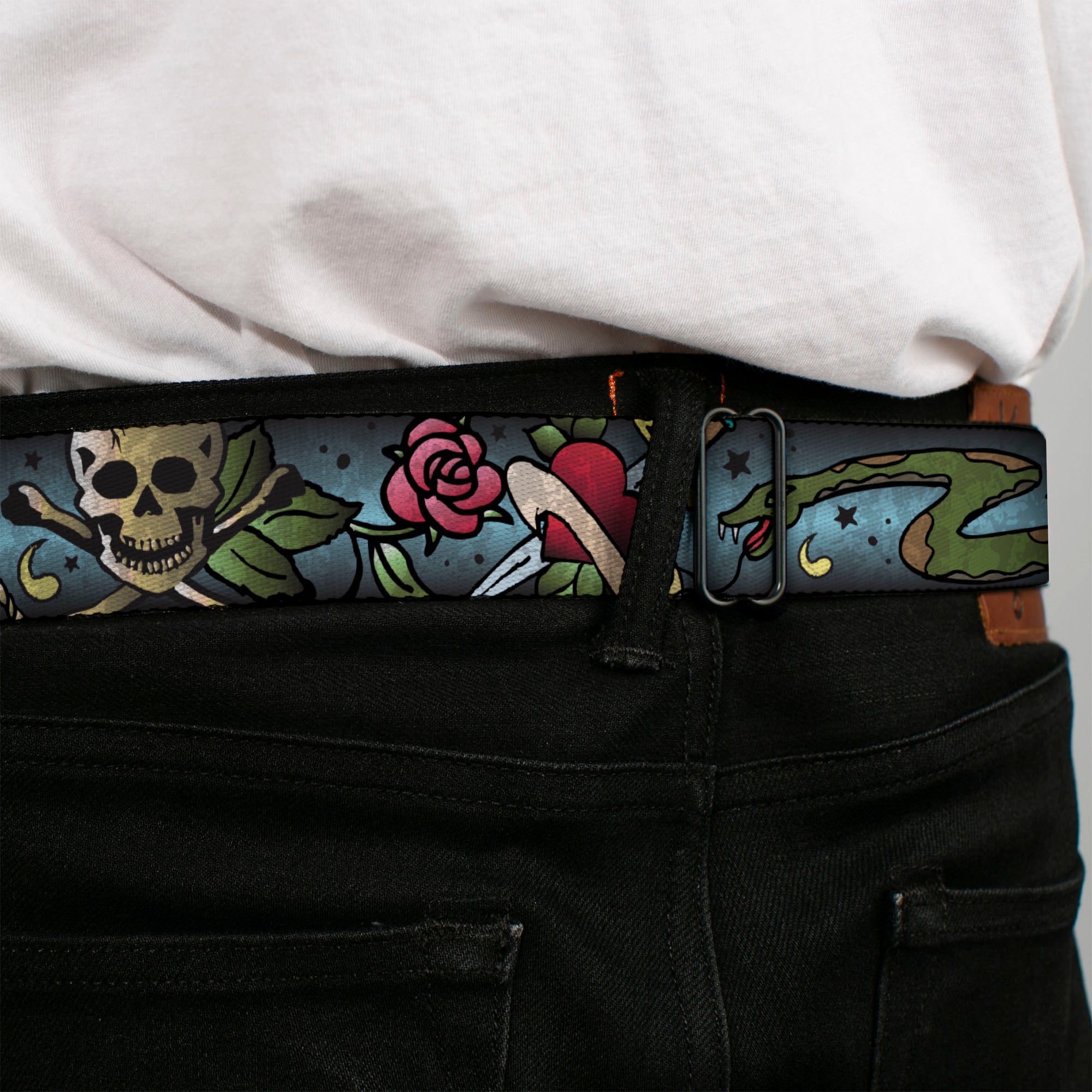 BD Wings Logo CLOSE-UP Full Color Black Silver Seatbelt Belt - Live Hard Die Young CLOSE-UP Turquoise Webbing Seatbelt Belts Buckle-Down