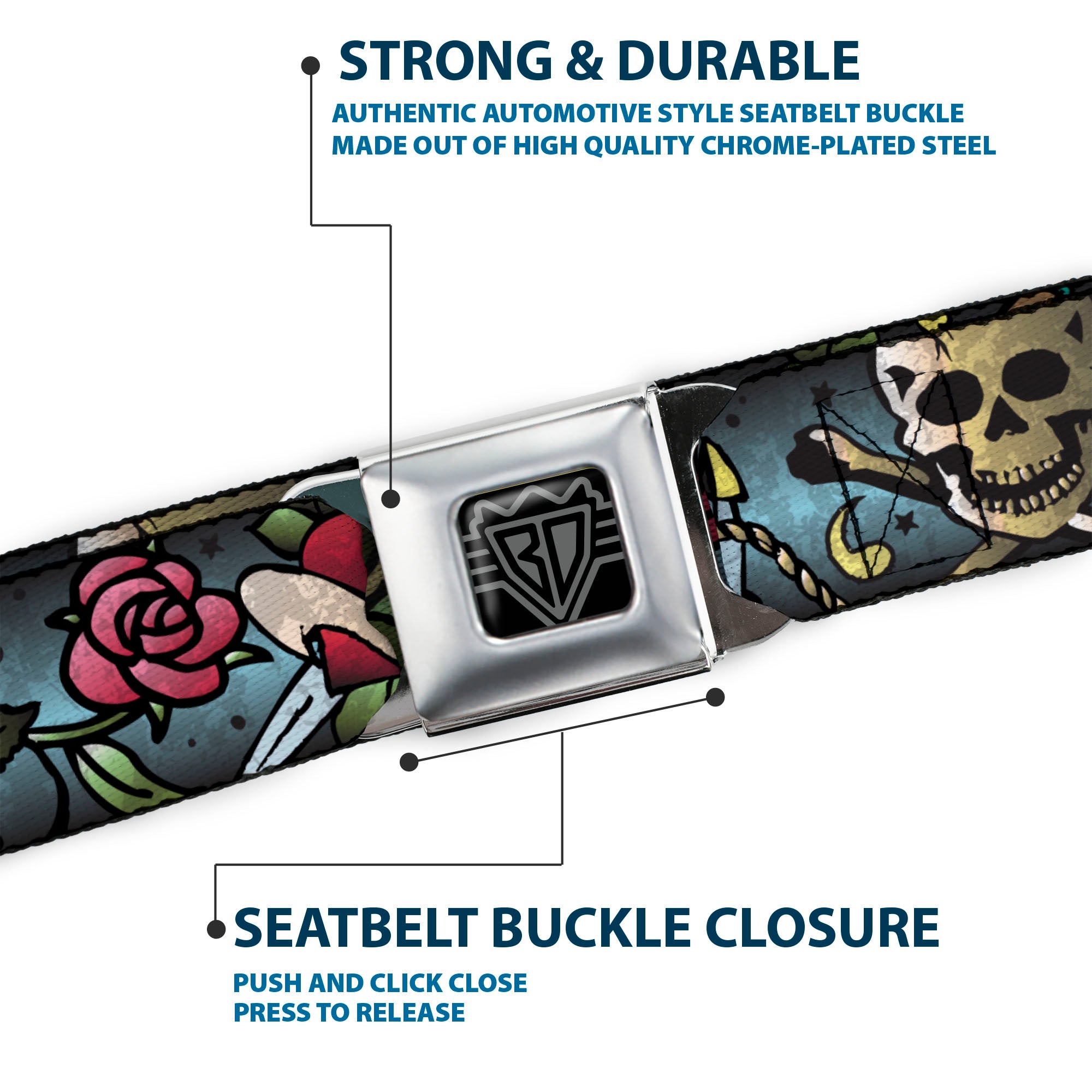 BD Wings Logo CLOSE-UP Full Color Black Silver Seatbelt Belt - Live Hard Die Young CLOSE-UP Turquoise Webbing Seatbelt Belts Buckle-Down