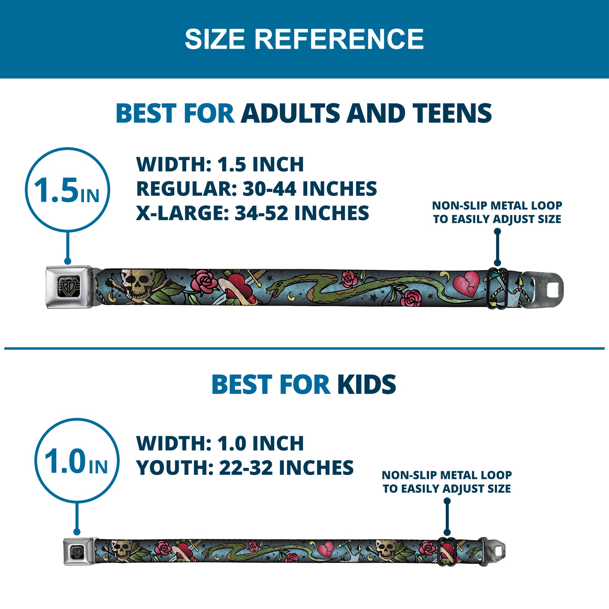 BD Wings Logo CLOSE-UP Full Color Black Silver Seatbelt Belt - Live Hard Die Young CLOSE-UP Turquoise Webbing Seatbelt Belts Buckle-Down