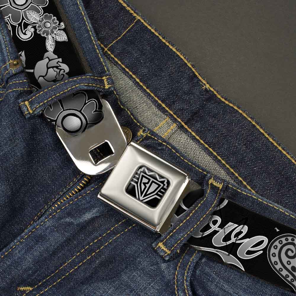 BD Wings Logo CLOSE-UP Full Color Black Silver Seatbelt Belt - Love Kills Black/White Webbing Seatbelt Belts Buckle-Down