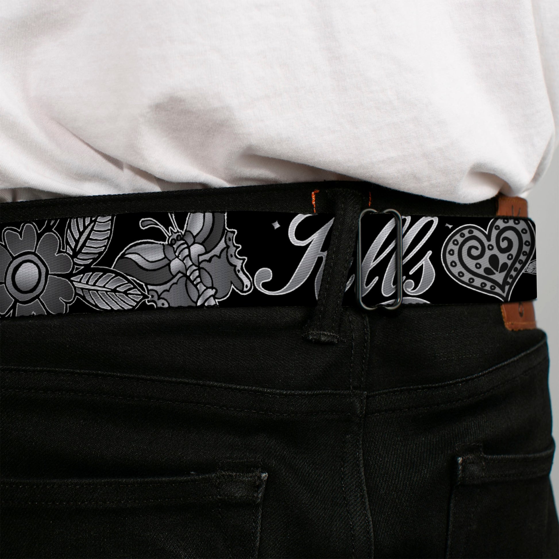 BD Wings Logo CLOSE-UP Full Color Black Silver Seatbelt Belt - Love Kills Black/White Webbing Seatbelt Belts Buckle-Down