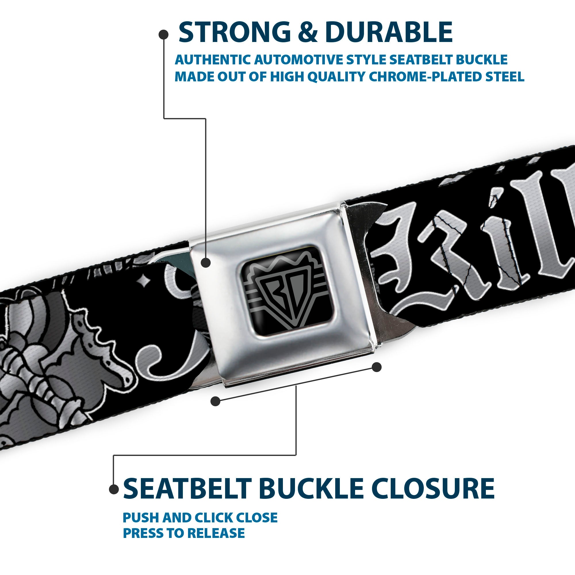 BD Wings Logo CLOSE-UP Full Color Black Silver Seatbelt Belt - Love Kills Black/White Webbing Seatbelt Belts Buckle-Down