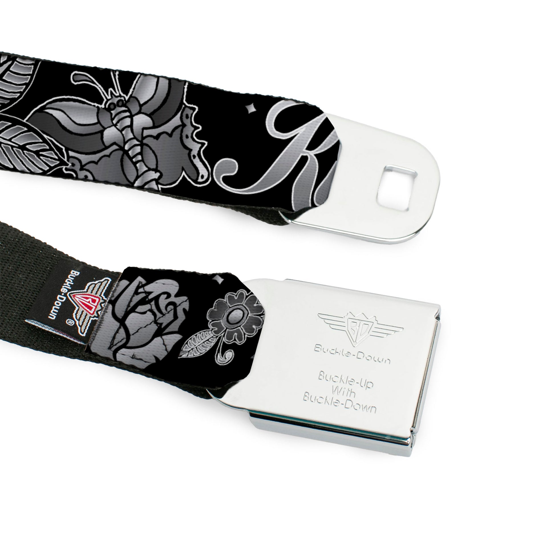 BD Wings Logo CLOSE-UP Full Color Black Silver Seatbelt Belt - Love Kills Black/White Webbing Seatbelt Belts Buckle-Down