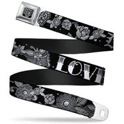 BD Wings Logo CLOSE-UP Full Color Black Silver Seatbelt Belt - Love Kills Black/White Webbing Seatbelt Belts Buckle-Down