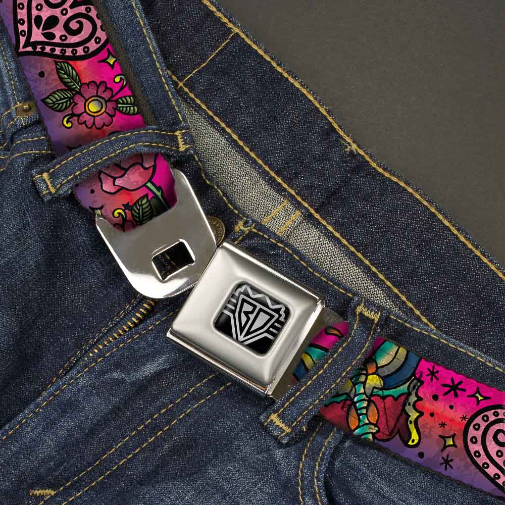 BD Wings Logo CLOSE-UP Full Color Black Silver Seatbelt Belt - Love Kills CLOSE-UP Pink Webbing Seatbelt Belts Buckle-Down