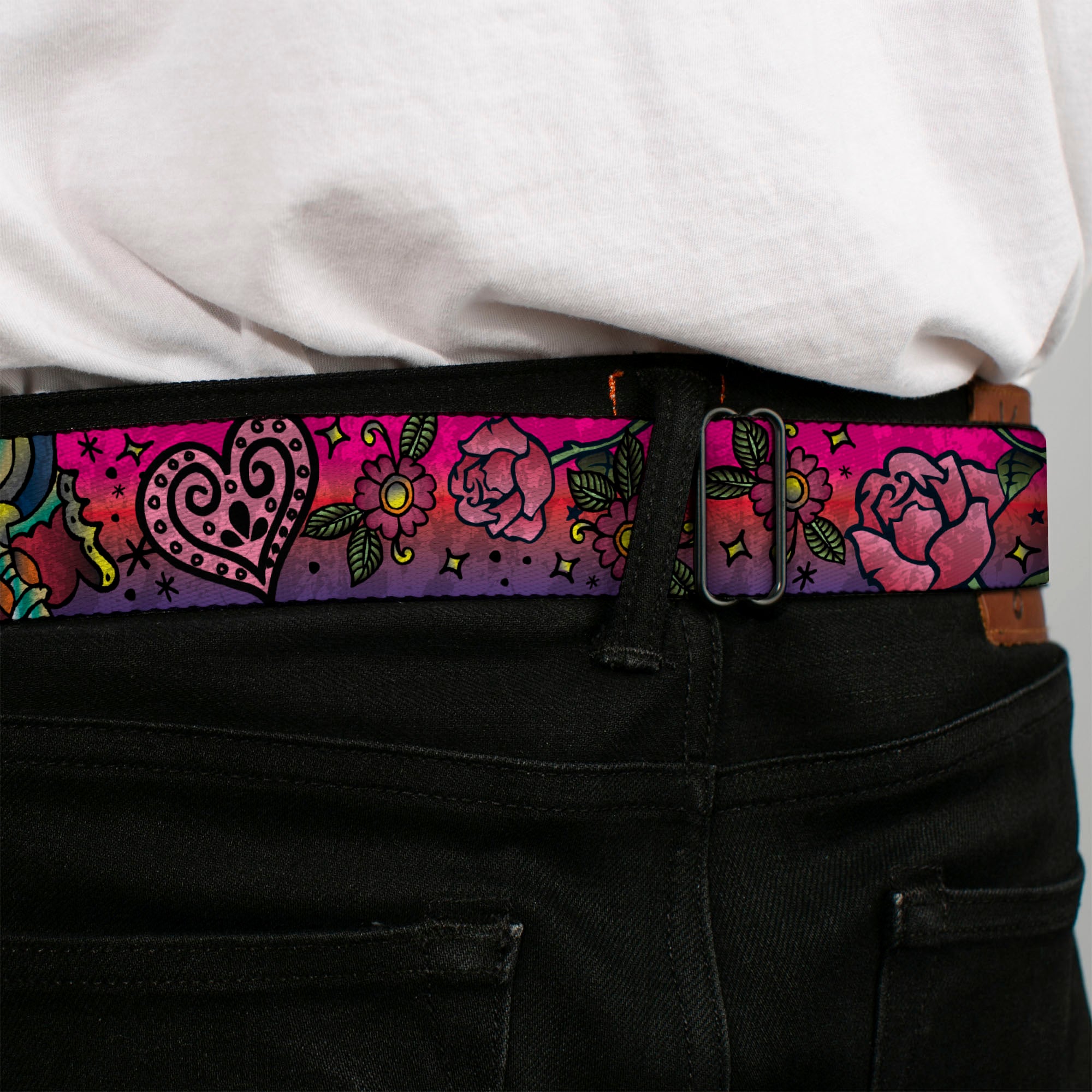 BD Wings Logo CLOSE-UP Full Color Black Silver Seatbelt Belt - Love Kills CLOSE-UP Pink Webbing Seatbelt Belts Buckle-Down