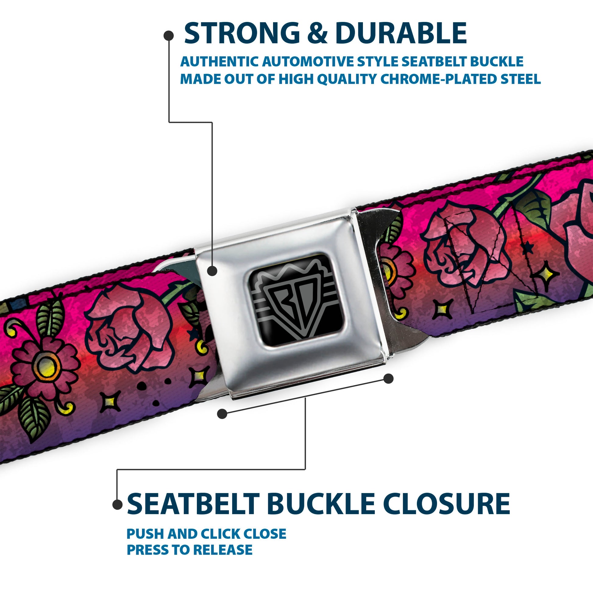 BD Wings Logo CLOSE-UP Full Color Black Silver Seatbelt Belt - Love Kills CLOSE-UP Pink Webbing Seatbelt Belts Buckle-Down