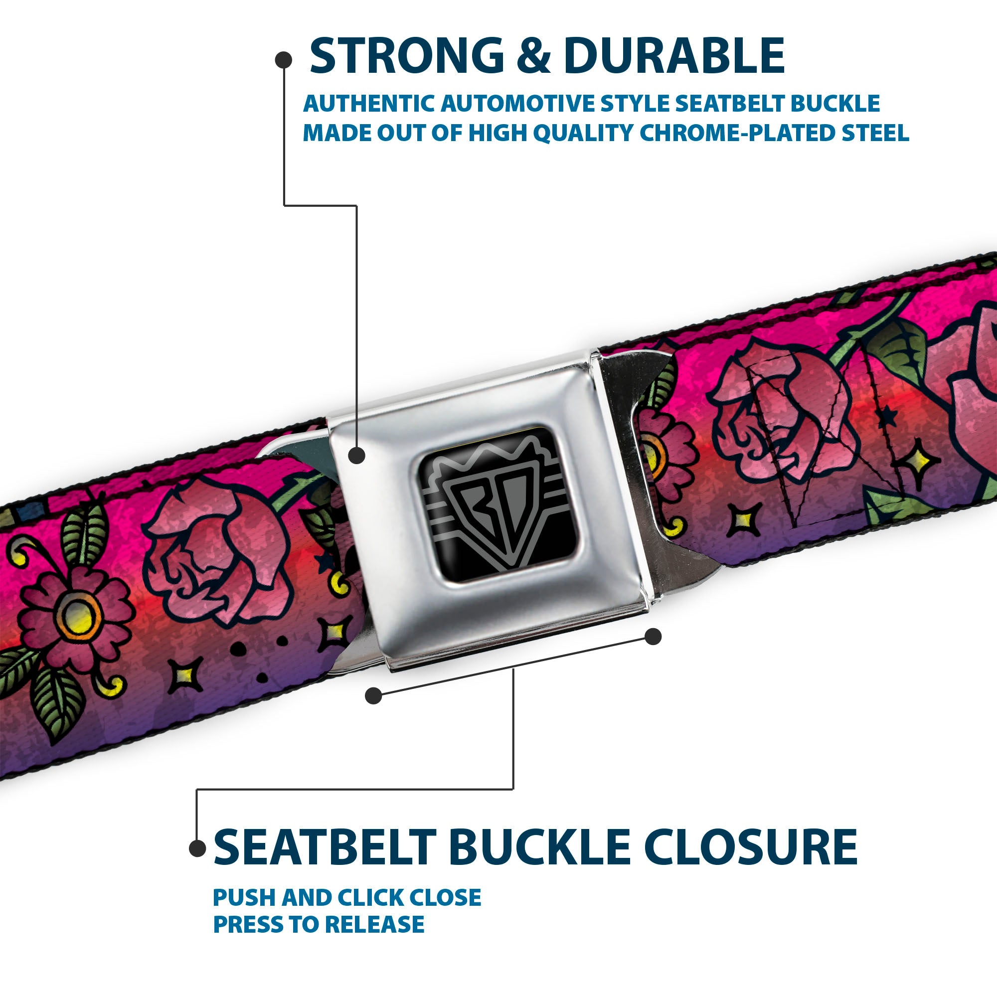 BD Wings Logo CLOSE-UP Full Color Black Silver Seatbelt Belt - Love Kills CLOSE-UP Pink Webbing Seatbelt Belts Buckle-Down