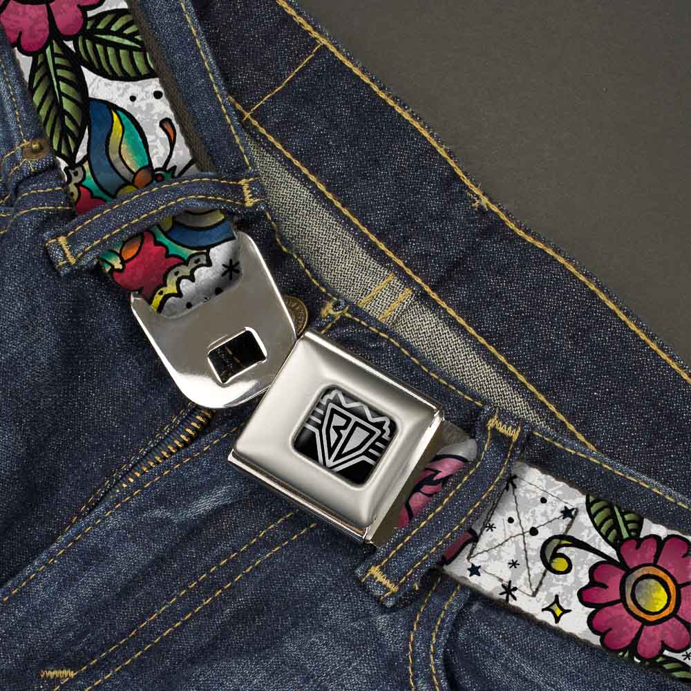 BD Wings Logo CLOSE-UP Full Color Black Silver Seatbelt Belt - Love Kills CLOSE-UP White Webbing Seatbelt Belts Buckle-Down