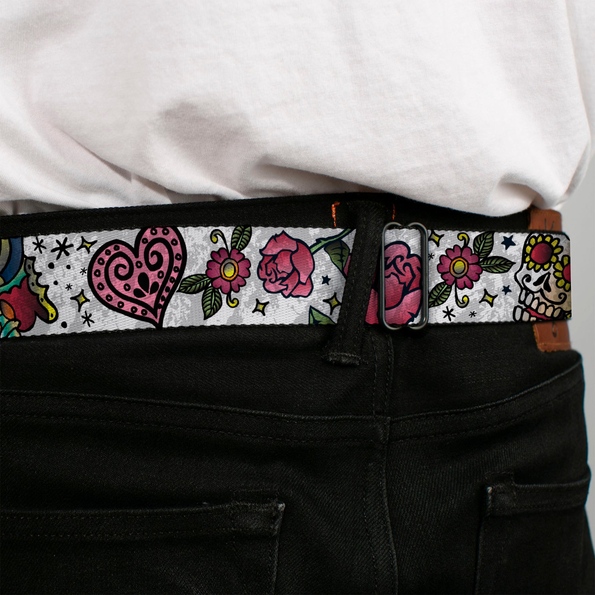 BD Wings Logo CLOSE-UP Full Color Black Silver Seatbelt Belt - Love Kills CLOSE-UP White Webbing Seatbelt Belts Buckle-Down