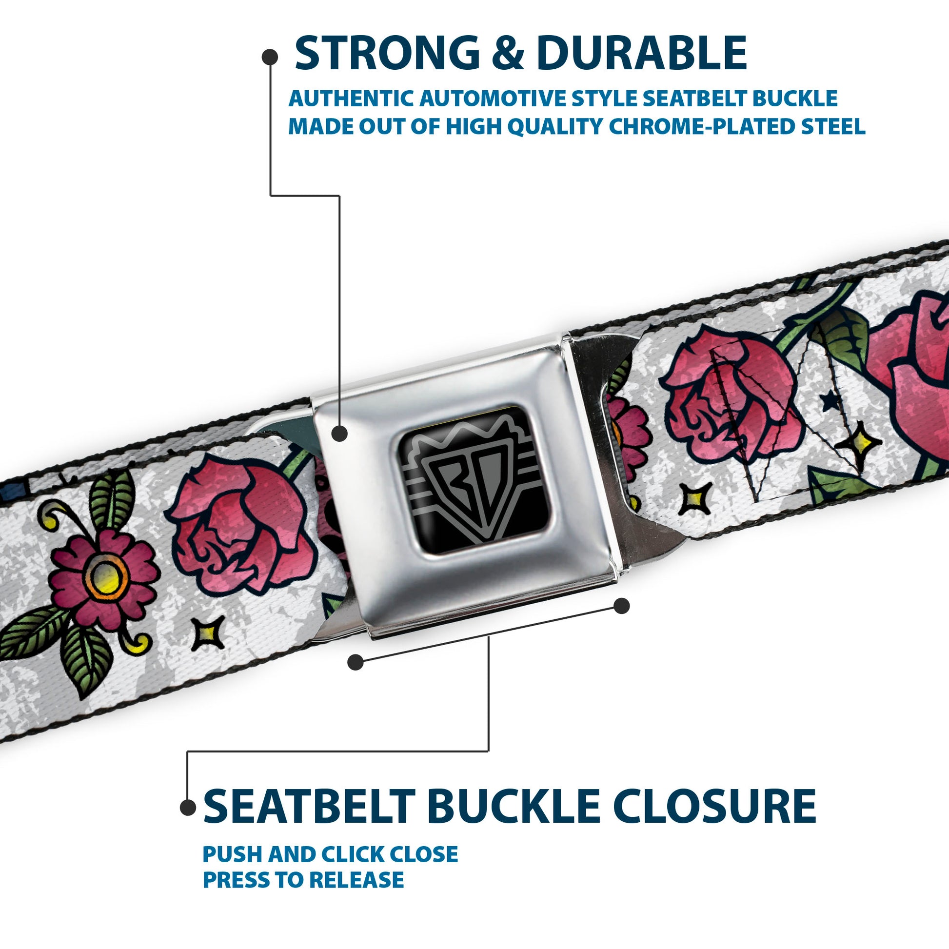 BD Wings Logo CLOSE-UP Full Color Black Silver Seatbelt Belt - Love Kills CLOSE-UP White Webbing Seatbelt Belts Buckle-Down