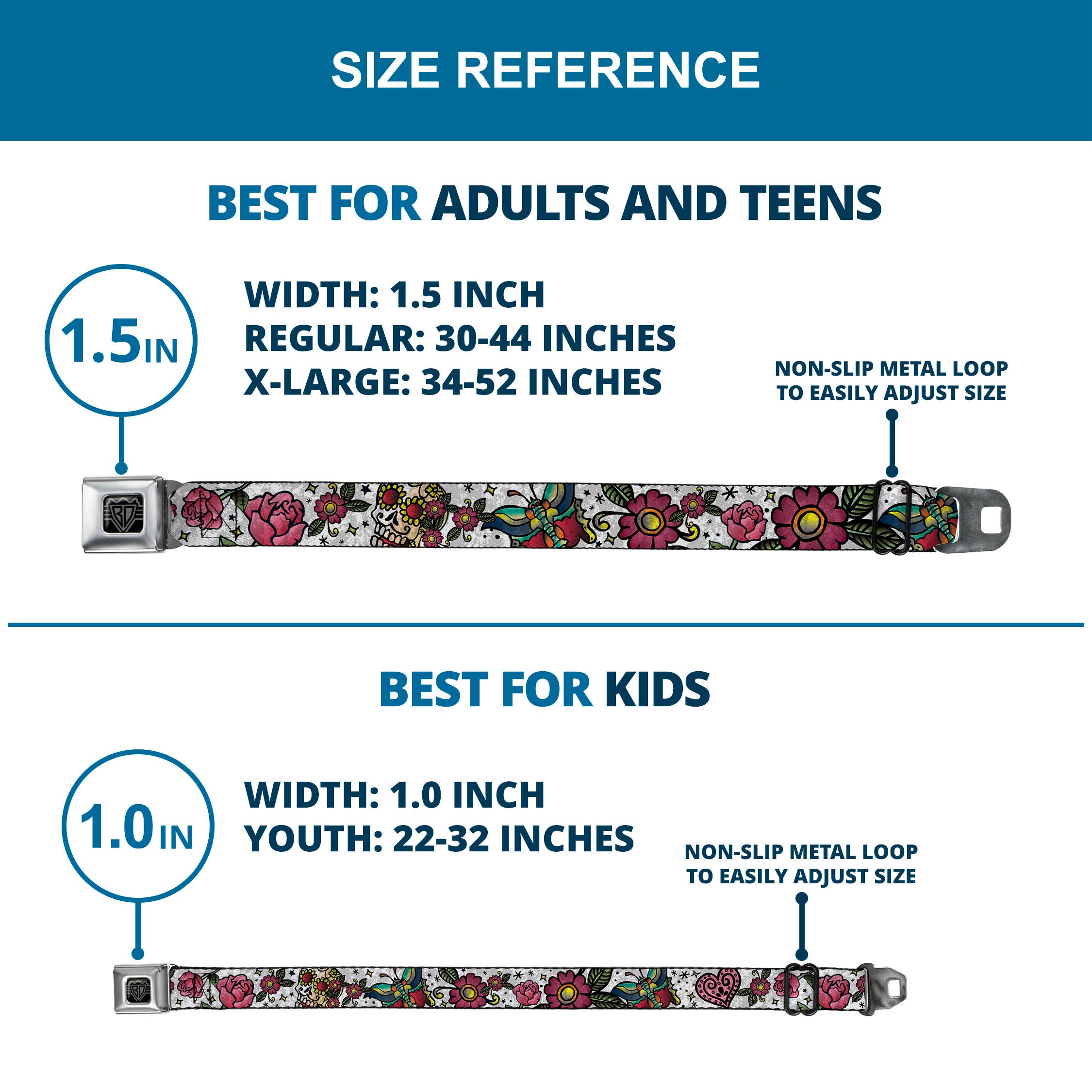 BD Wings Logo CLOSE-UP Full Color Black Silver Seatbelt Belt - Love Kills CLOSE-UP White Webbing Seatbelt Belts Buckle-Down