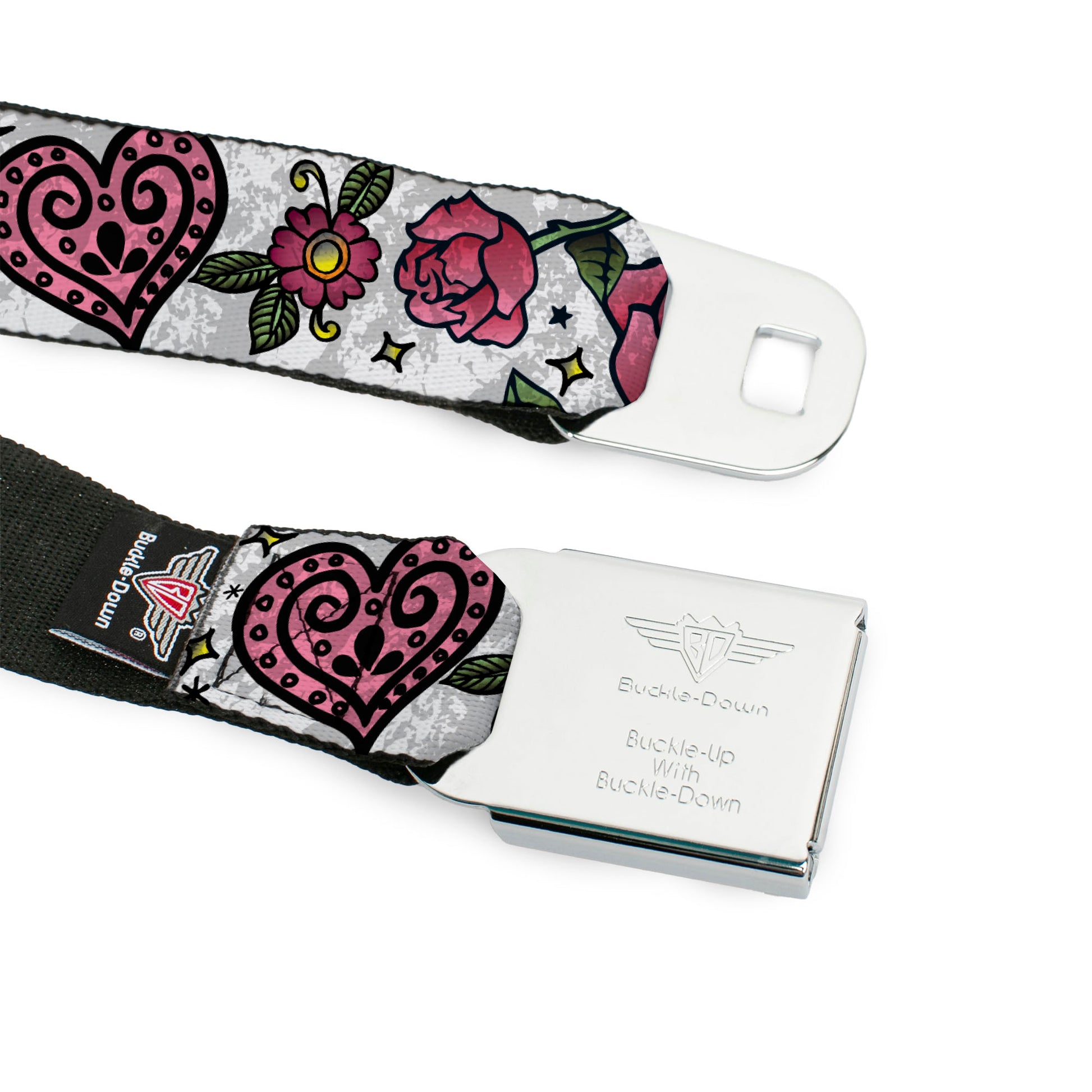 BD Wings Logo CLOSE-UP Full Color Black Silver Seatbelt Belt - Love Kills CLOSE-UP White Webbing Seatbelt Belts Buckle-Down