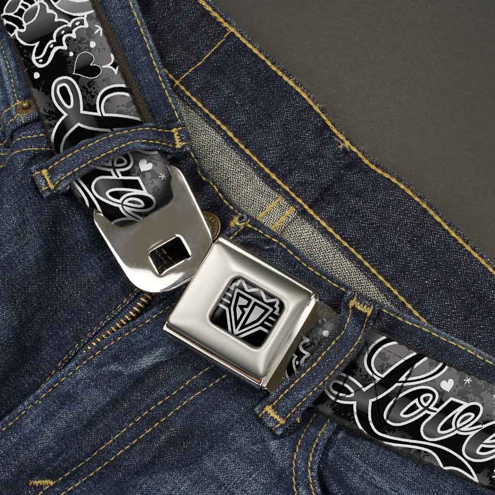 BD Wings Logo CLOSE-UP Full Color Black Silver Seatbelt Belt - Love Love Black/White Webbing Seatbelt Belts Buckle-Down
